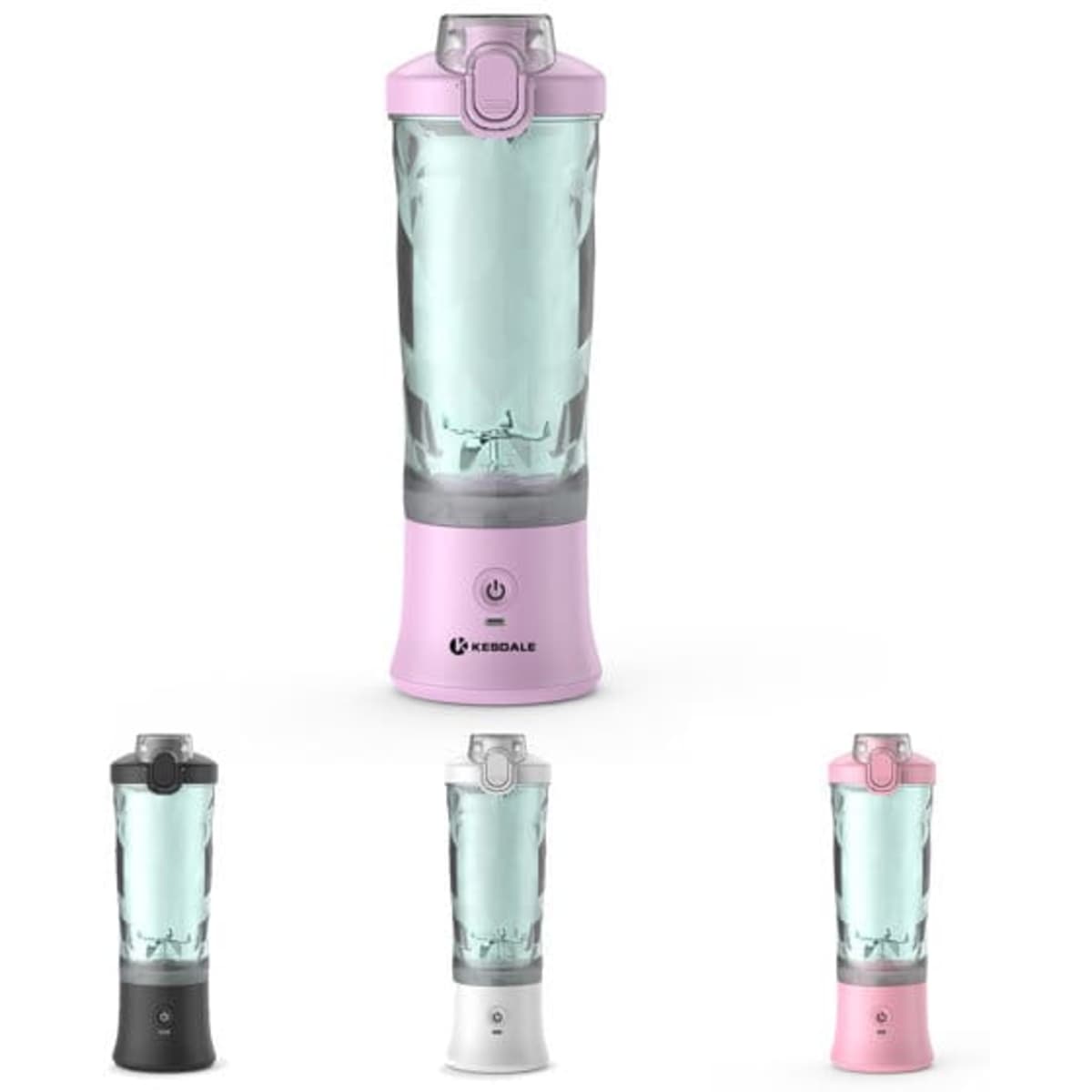 A drink bottle in pink, black, and white, featuring a transparent body and a power button, with a logo on the base.