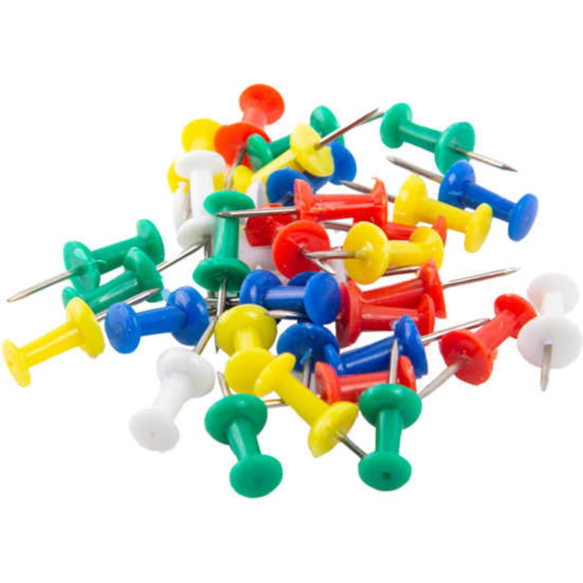 A collection of push pins in red, yellow, green, blue, and white, featuring a mix of straight pins.