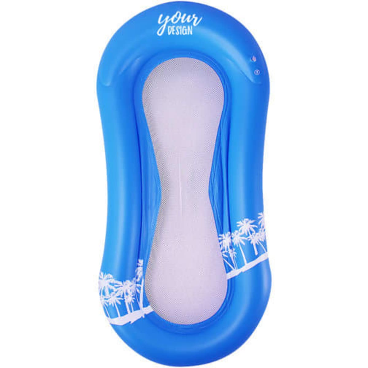 A blue printed pool lounger float with a mesh centre and a palm tree design, featuring a branding logo.