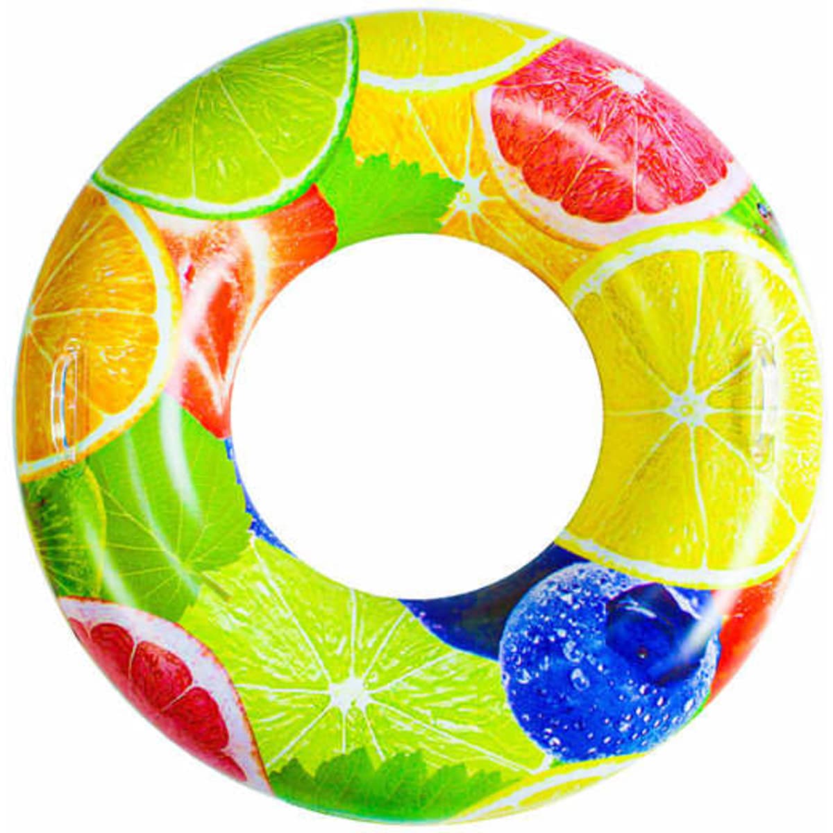 A brightly coloured inflatable swim ring featuring a fruit pattern of lemons, limes, oranges, and berries.