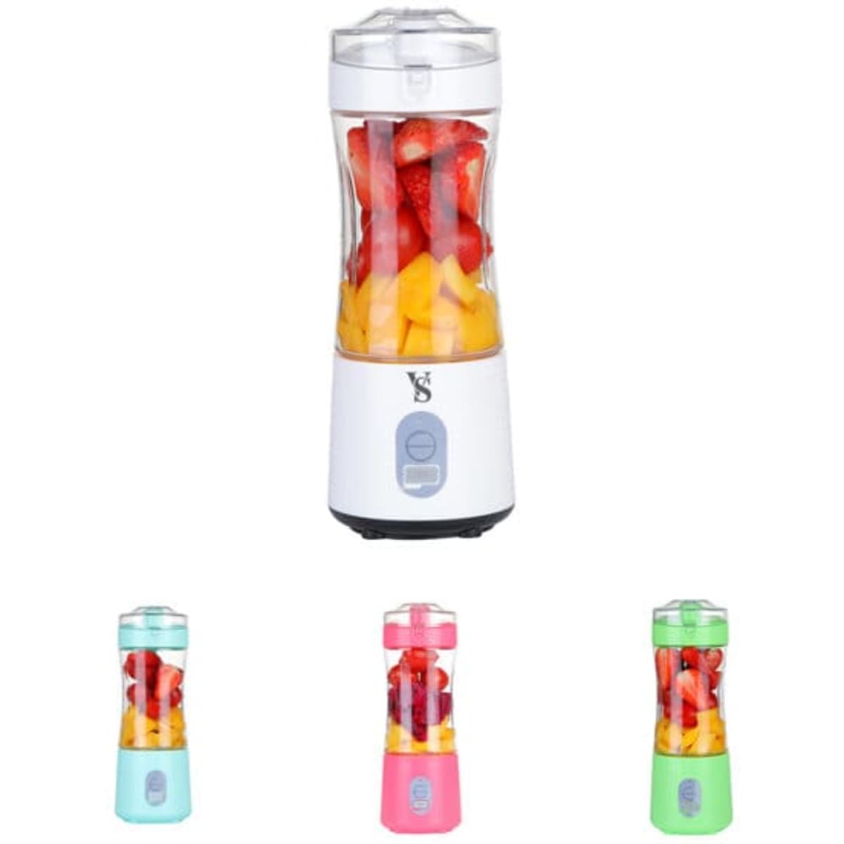 A drink bottle in multiple colours, featuring a transparent body filled with fruit, with a logo on the base.