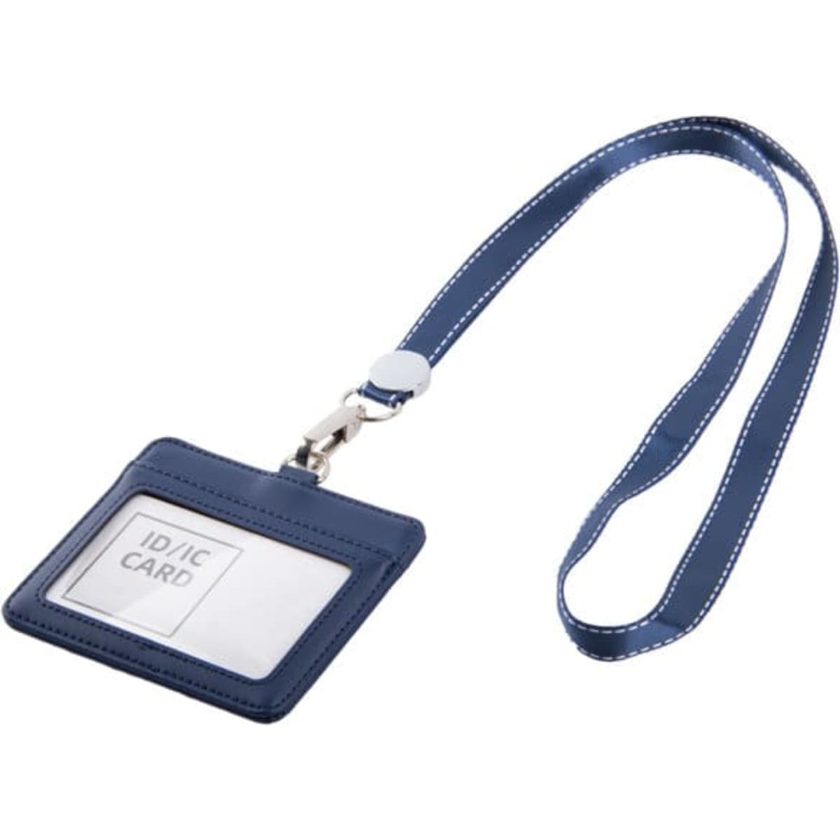 A navy blue leather horizontal ID holder with a lanyard, featuring a clear plastic sleeve and a silver clip.