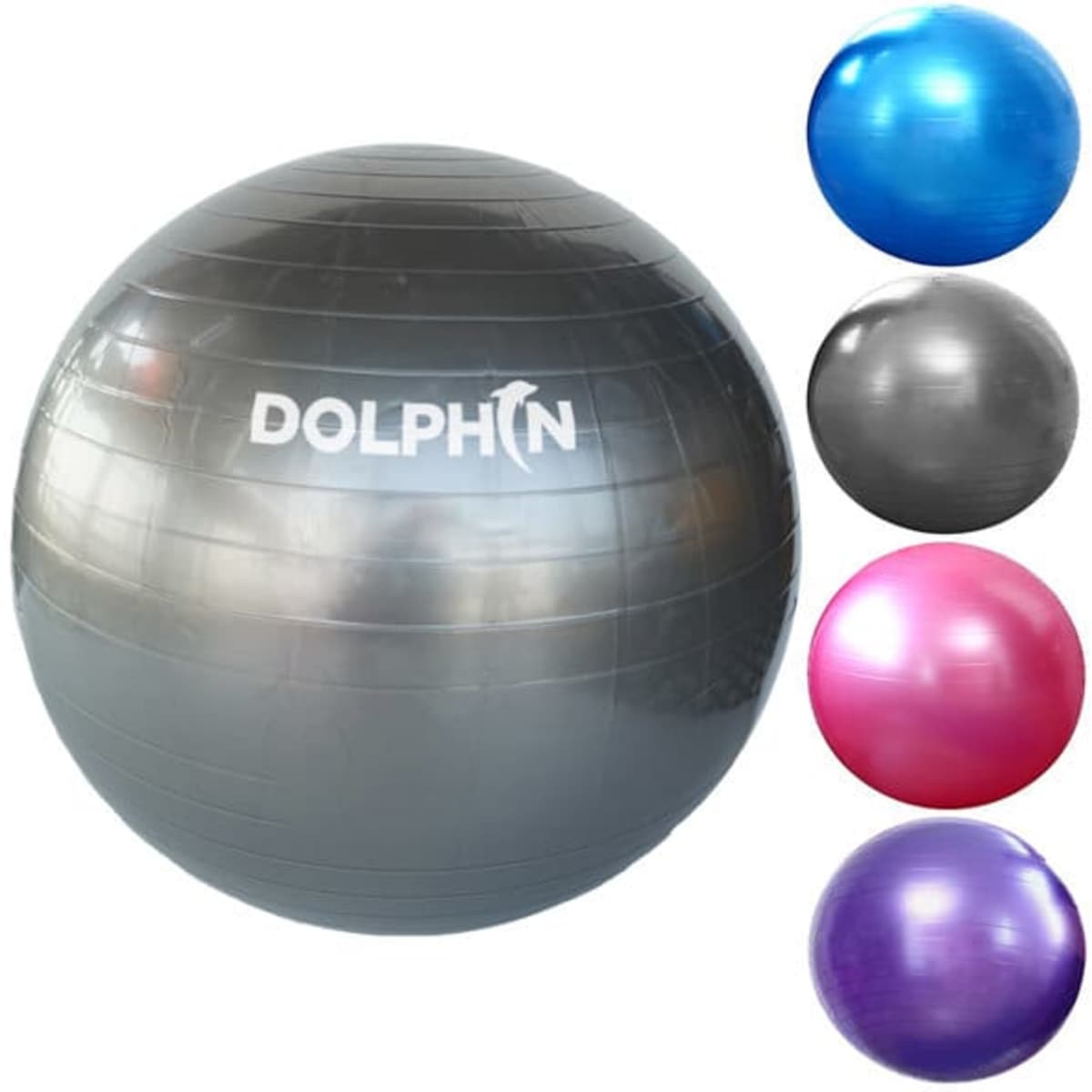 A grey PVC Pilates ball with a logo, surrounded by blue, silver, pink, and purple variations.