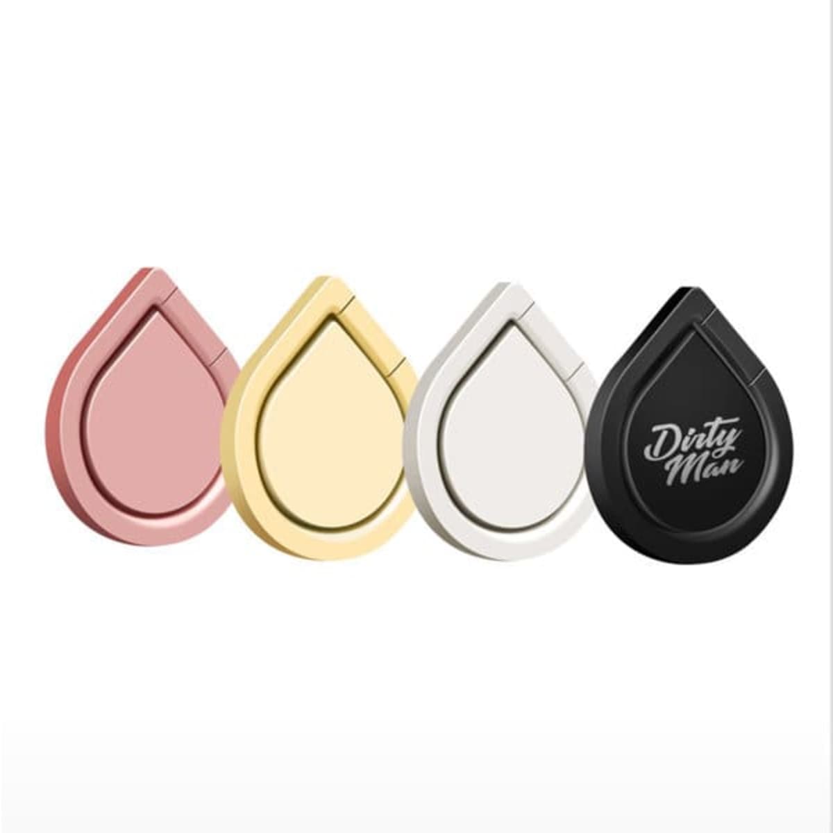 A set of four phone holders in pink, gold, white, and black, shaped like water droplets, featuring a logo.