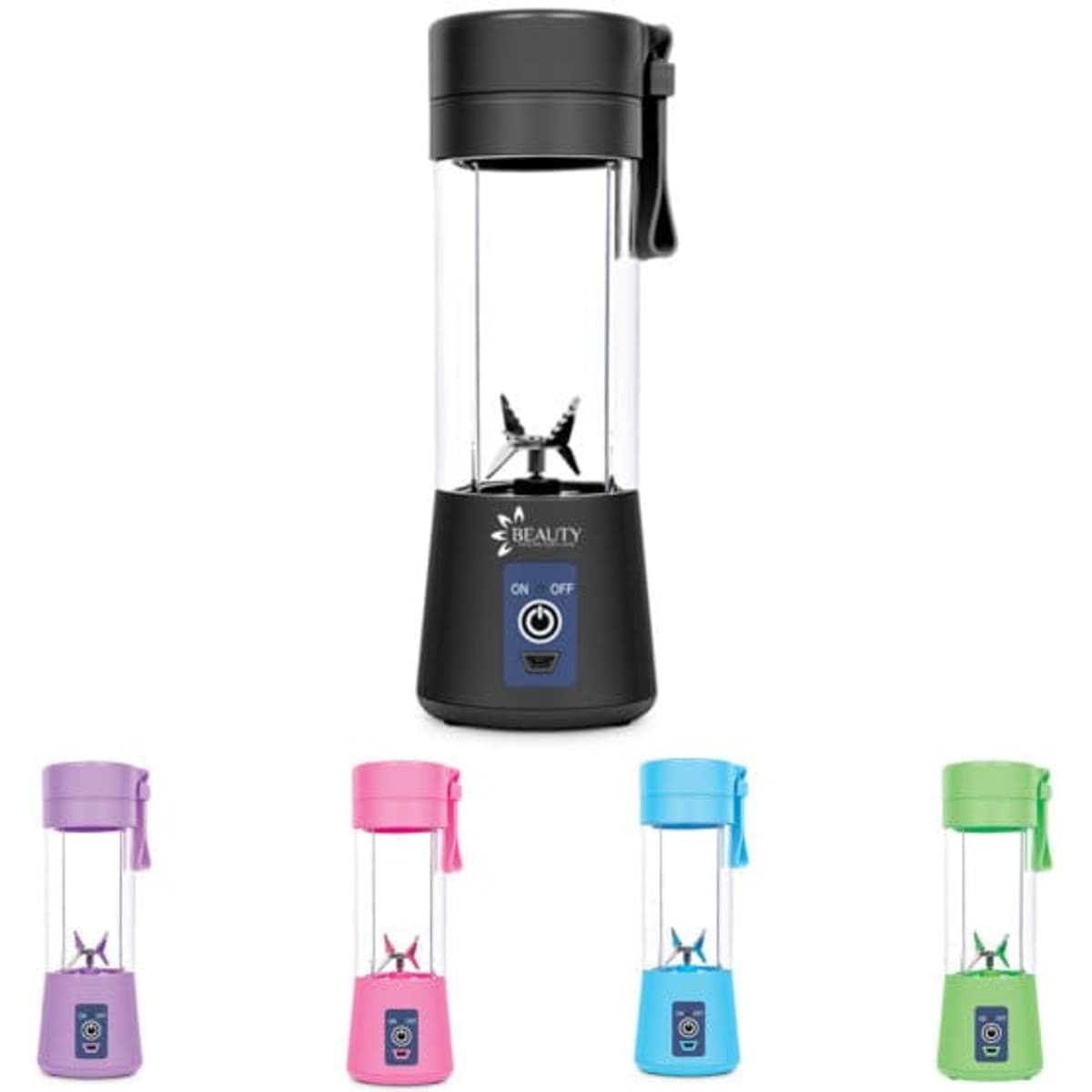 A Mini Handheld Electric Juicer Blender in black, with additional models in pink, purple, and green. Features a logo.