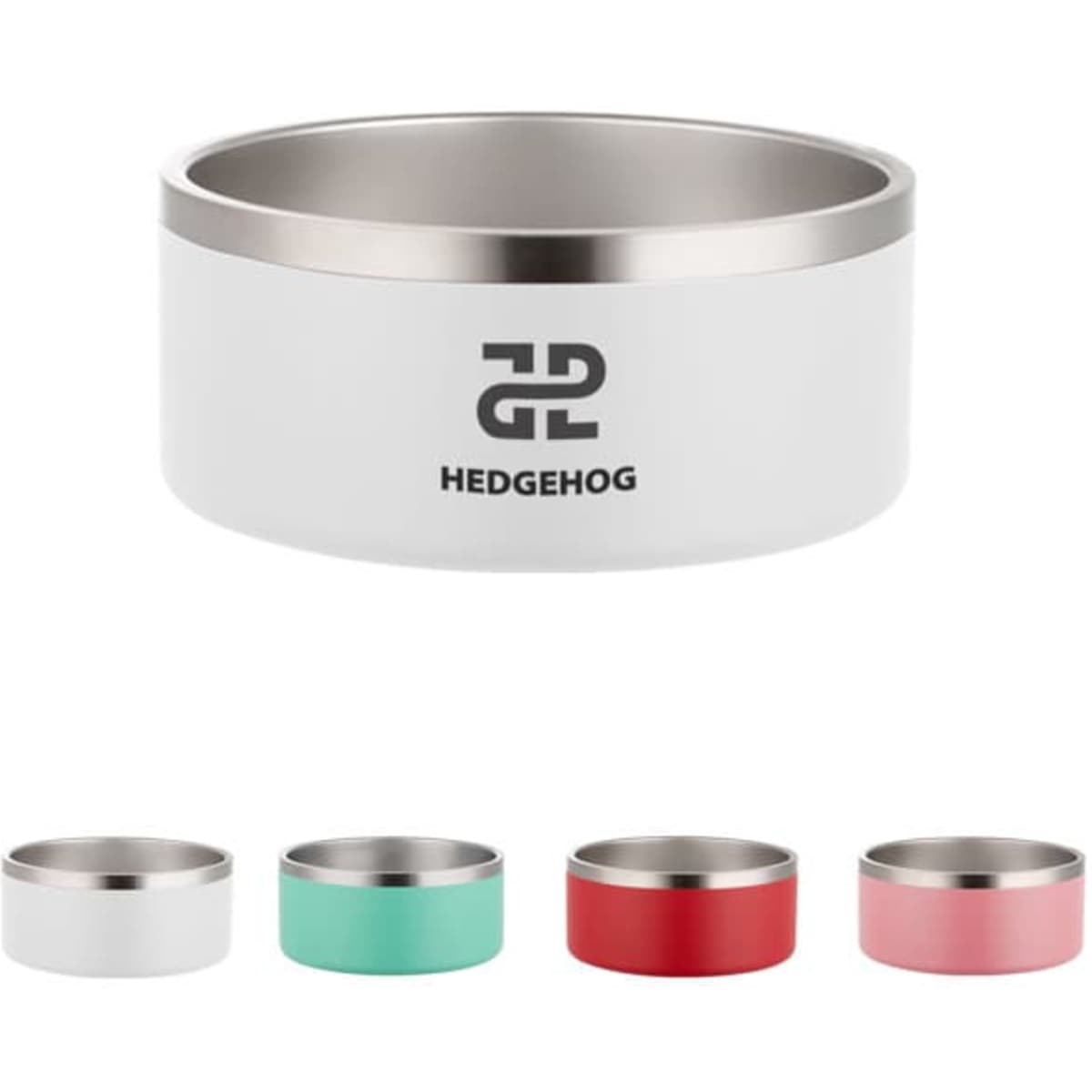 A double wall stainless steel pet bowl in white, with a silver rim, alongside red, pink, teal, and green versions.