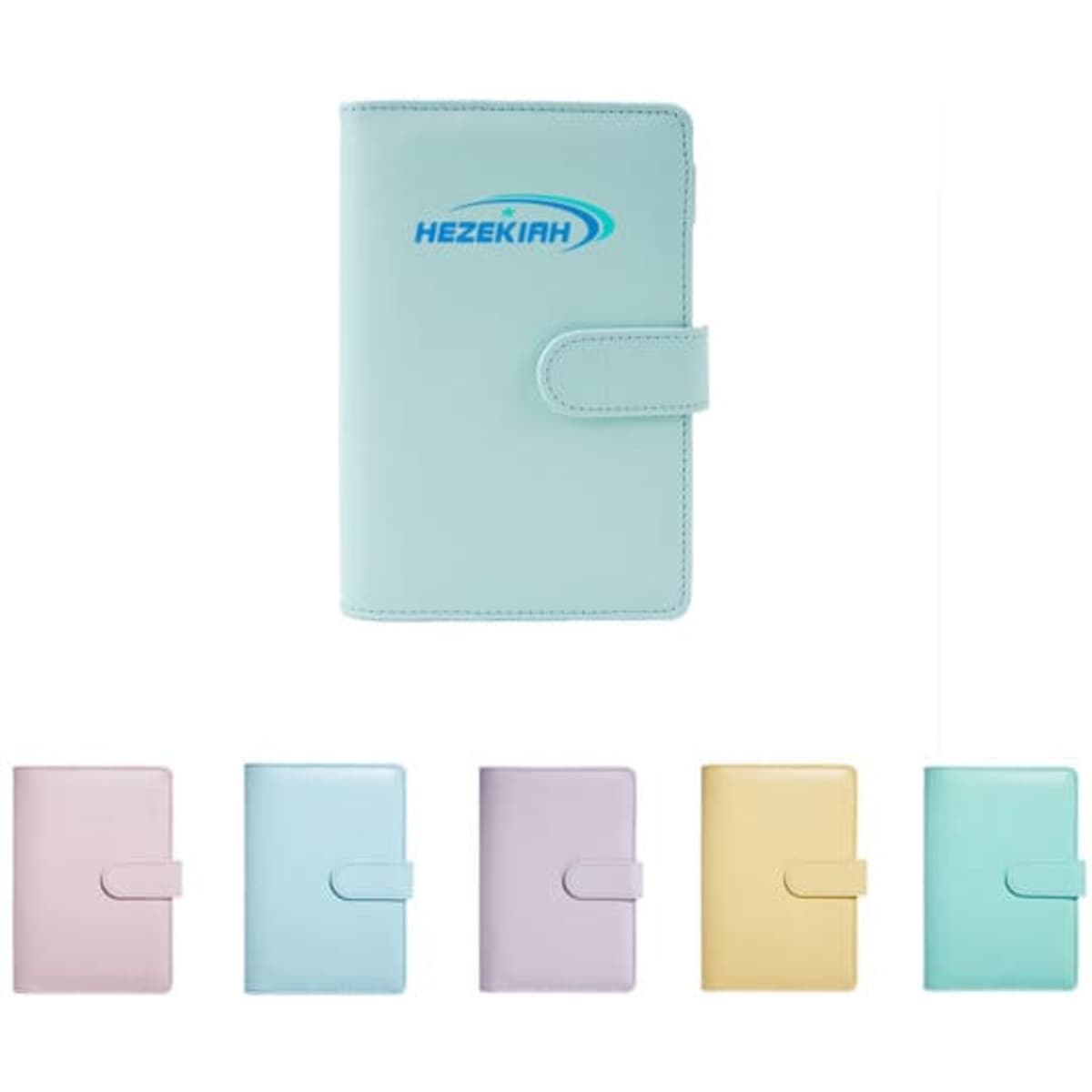 A light blue A6 Macaron Binder Hand Ledger Notebook with a snap closure and a logo, alongside pastel coloured options.
