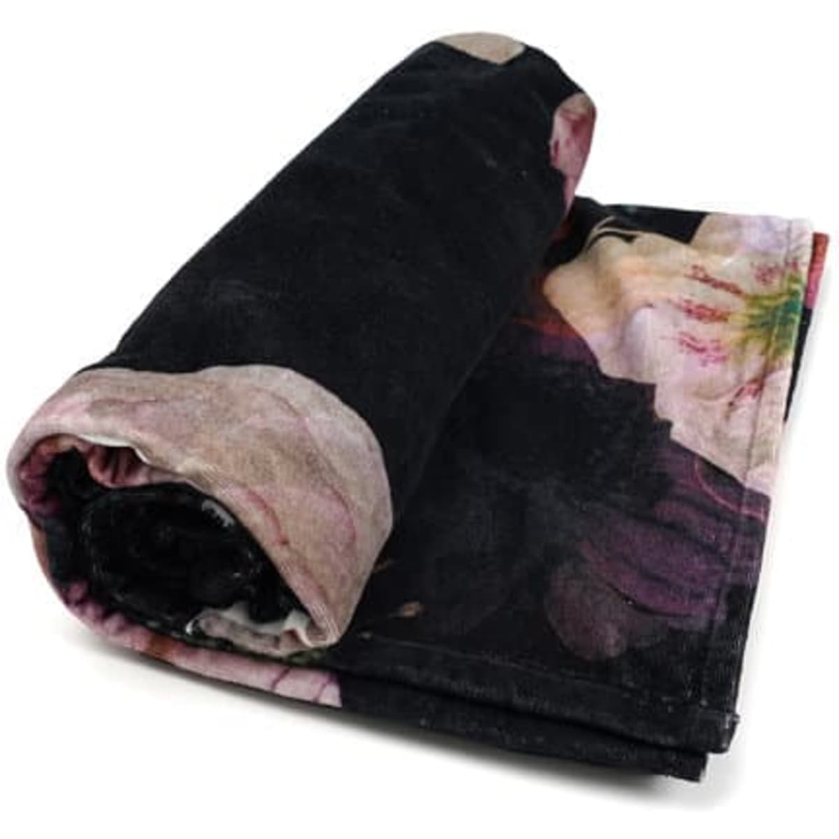 A rolled bath towel featuring a floral design with dark tones and a logo.