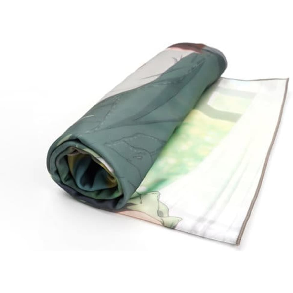 A rolled coral fleece throw blanket in green with a printed design, showcasing a soft texture and muted colours.
