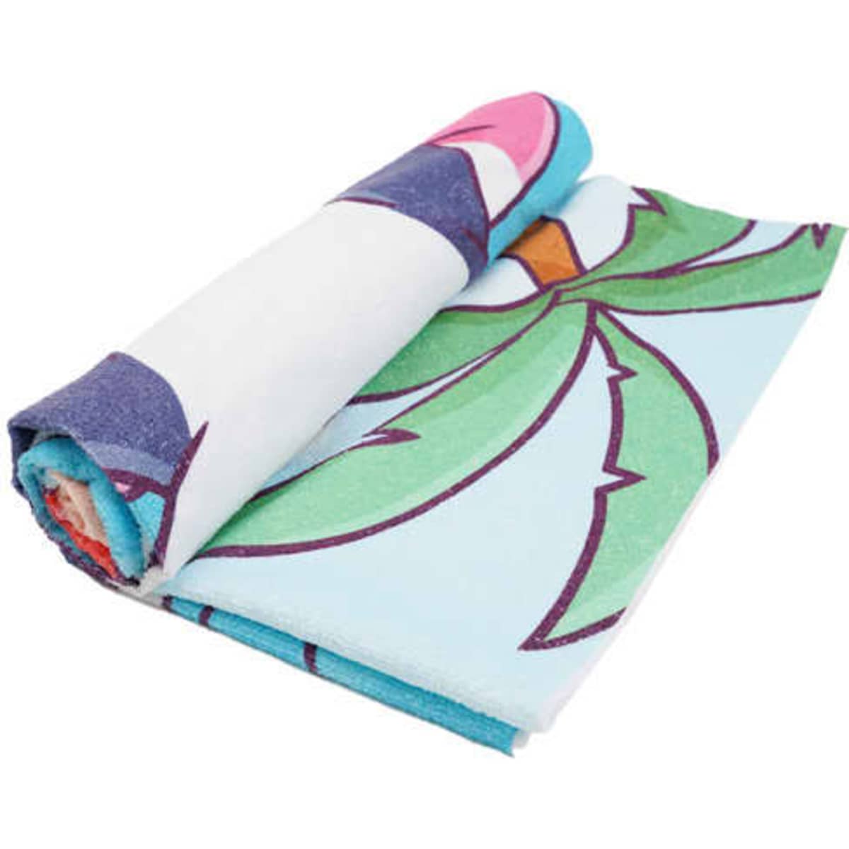 A rolled-up microfiber beach towel featuring a vibrant floral design in blue, green, and pink colours.