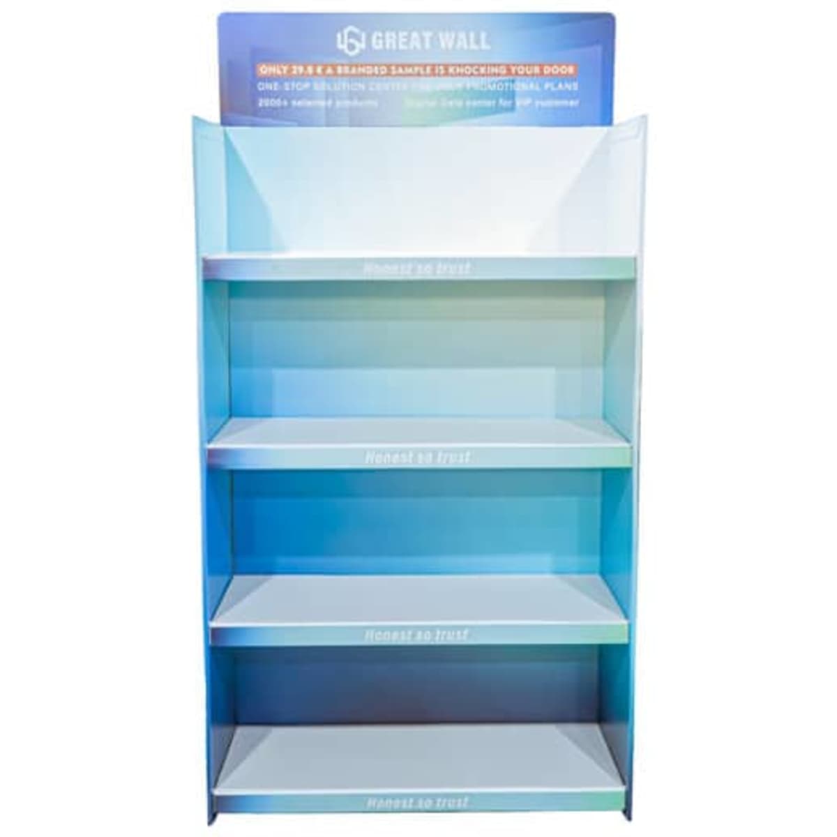 A cardboard display rack with four shelves, featuring a blue gradient design and a logo at the top.