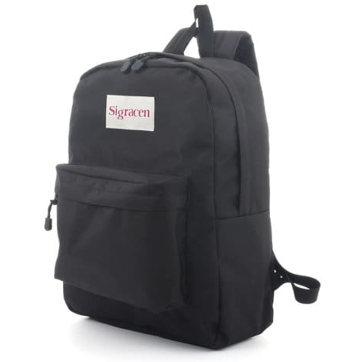 A black RPET casual backpack featuring a front pocket and a logo. It has adjustable shoulder straps.