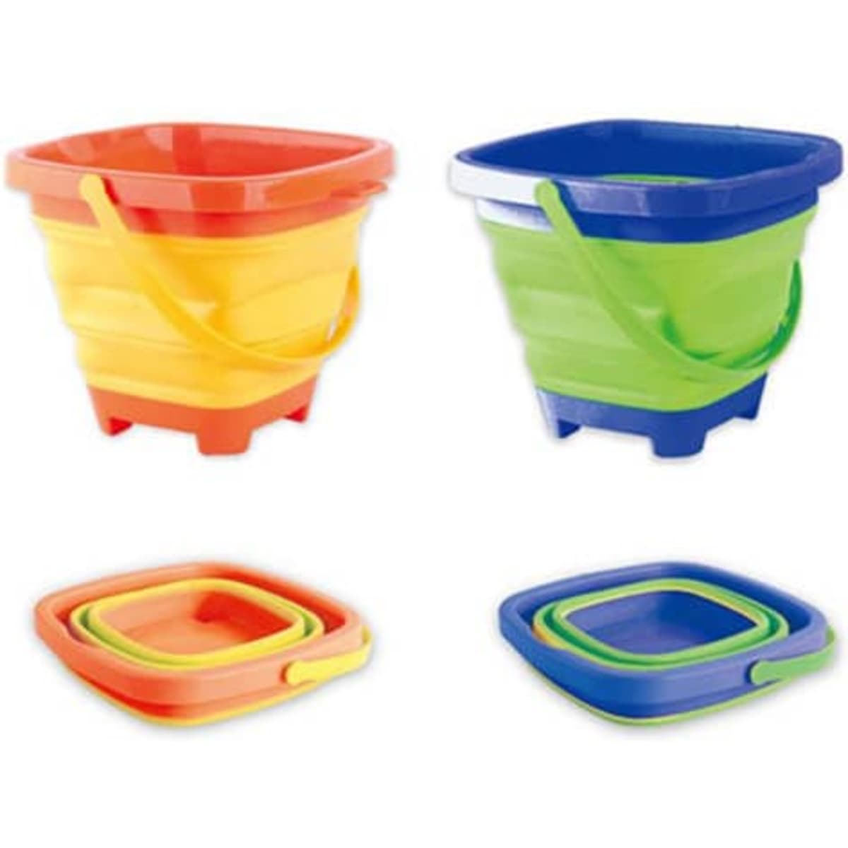 Four foldable portable buckets in vibrant colours: red, yellow, blue, and green, with a simple logo on some.