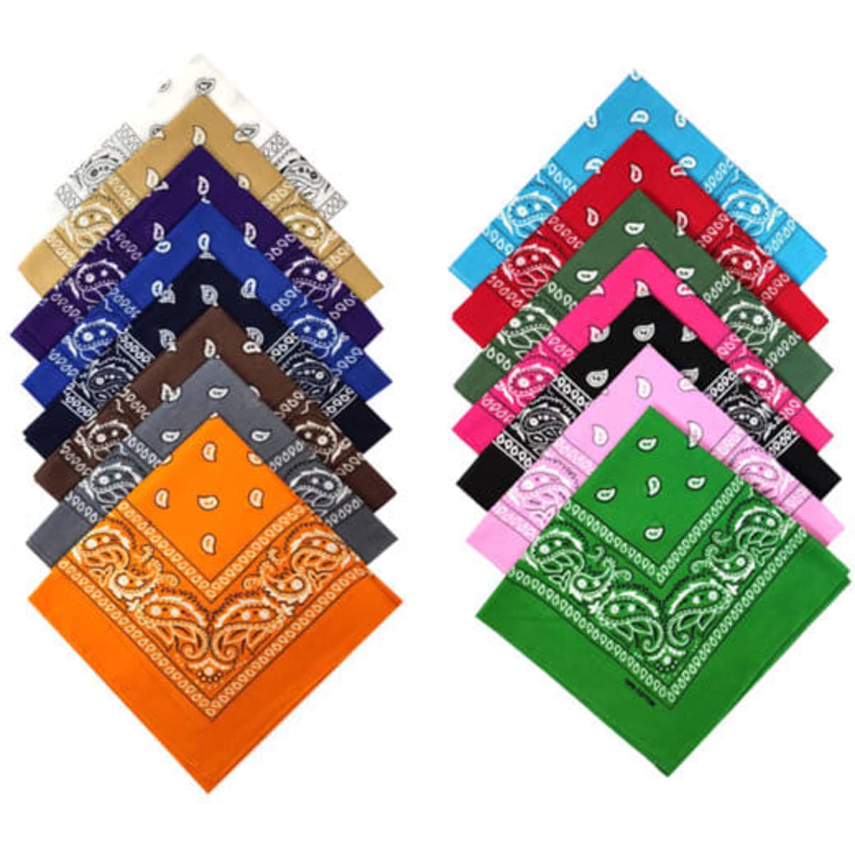 A collection of square bandannas in various colours including orange, green, pink, blue, and yellow, featuring decorative patterns.