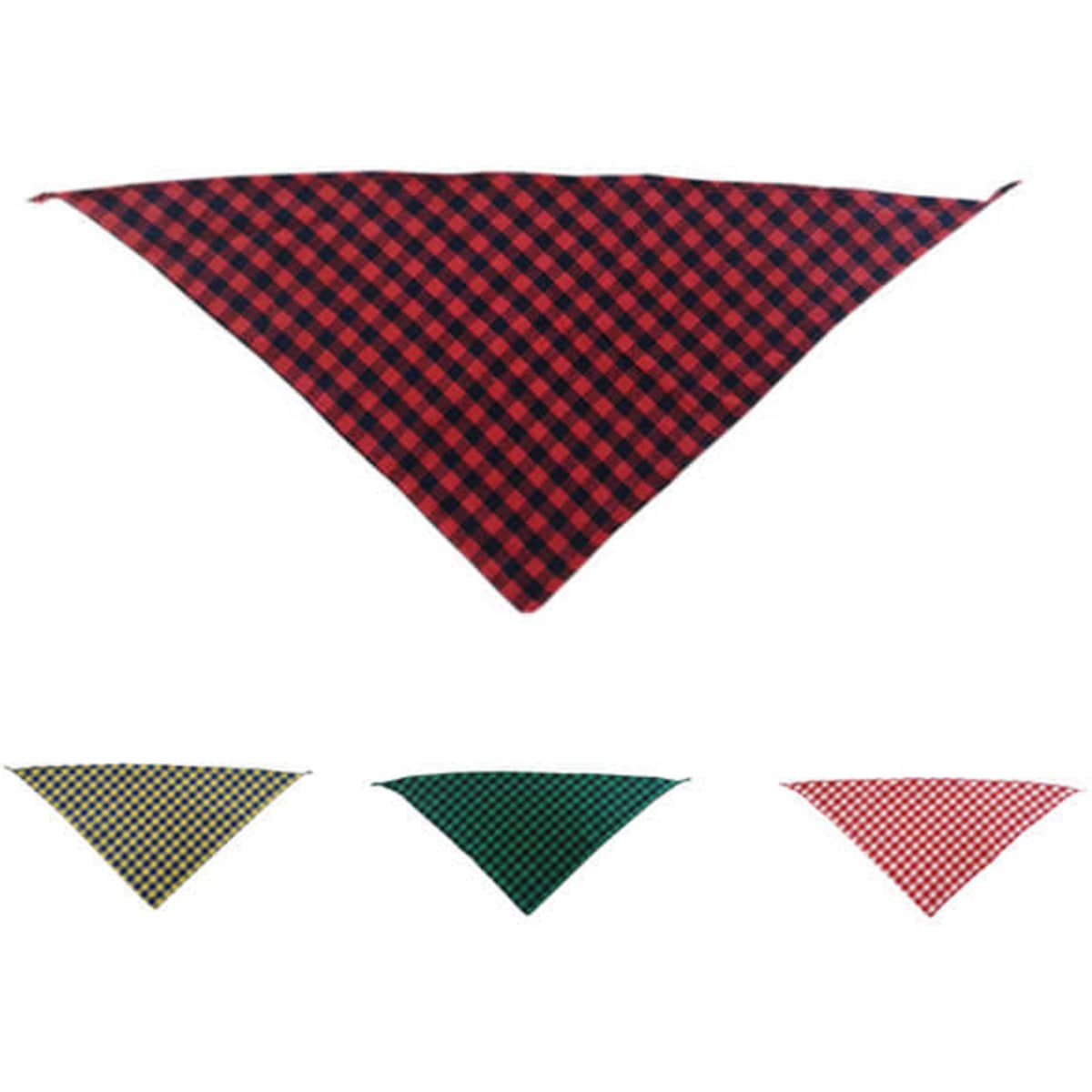 A triangular pet saliva towel in red and black check pattern, with additional options in green, yellow, and black check.