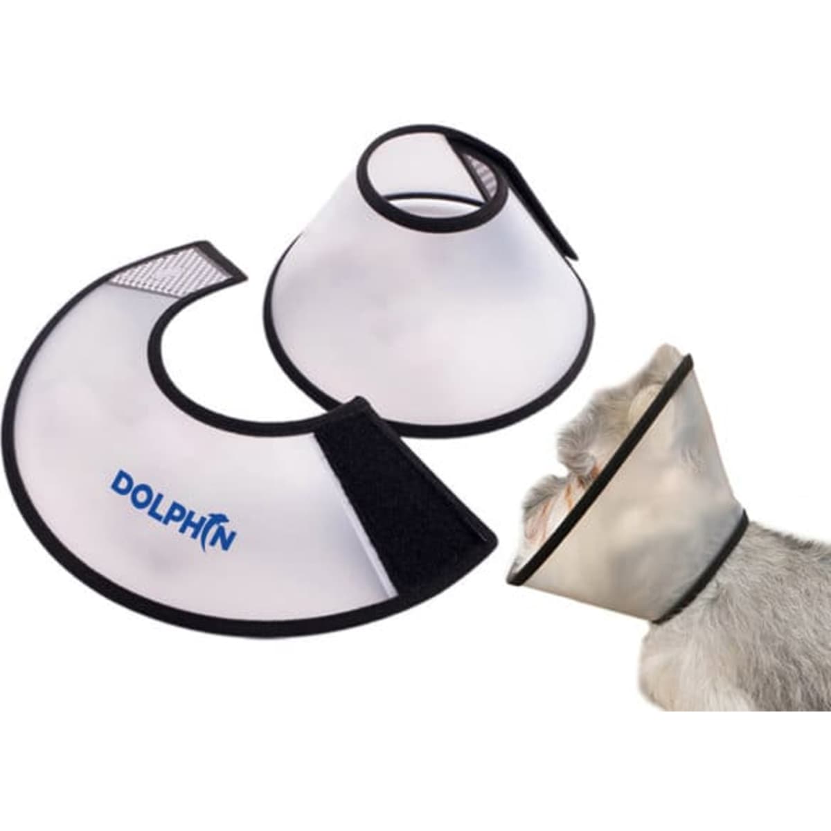 A large, transparent pet recovery cone collar with a black and white trim, featuring a logo.