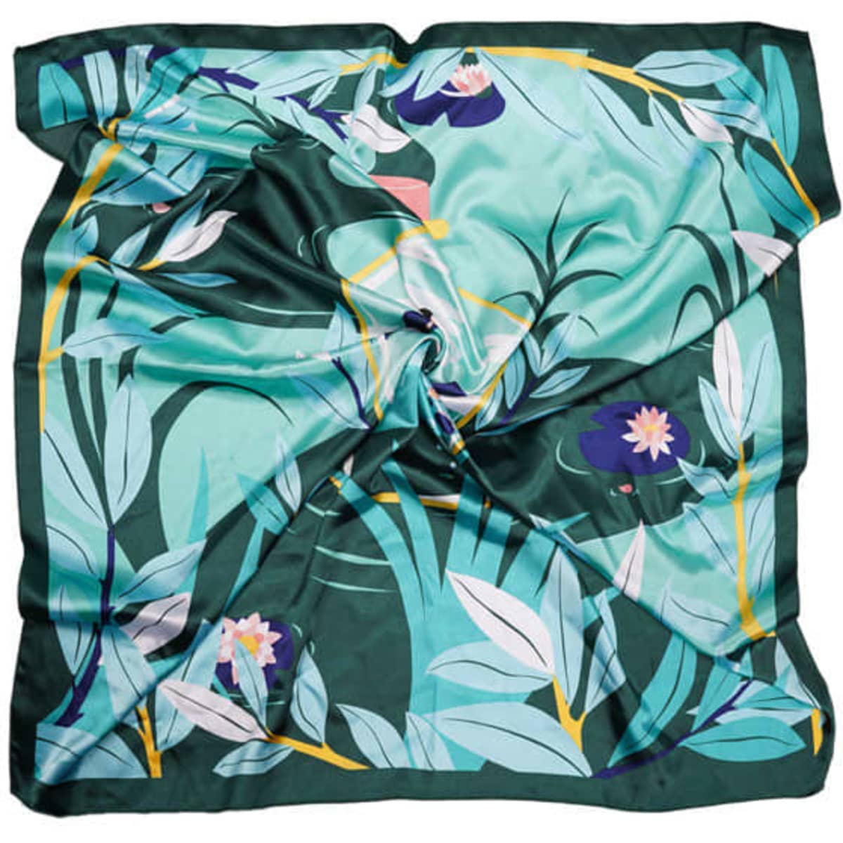 A green satin square scarf featuring a floral design with leaves and water lilies in hues of blue, white, and yellow.