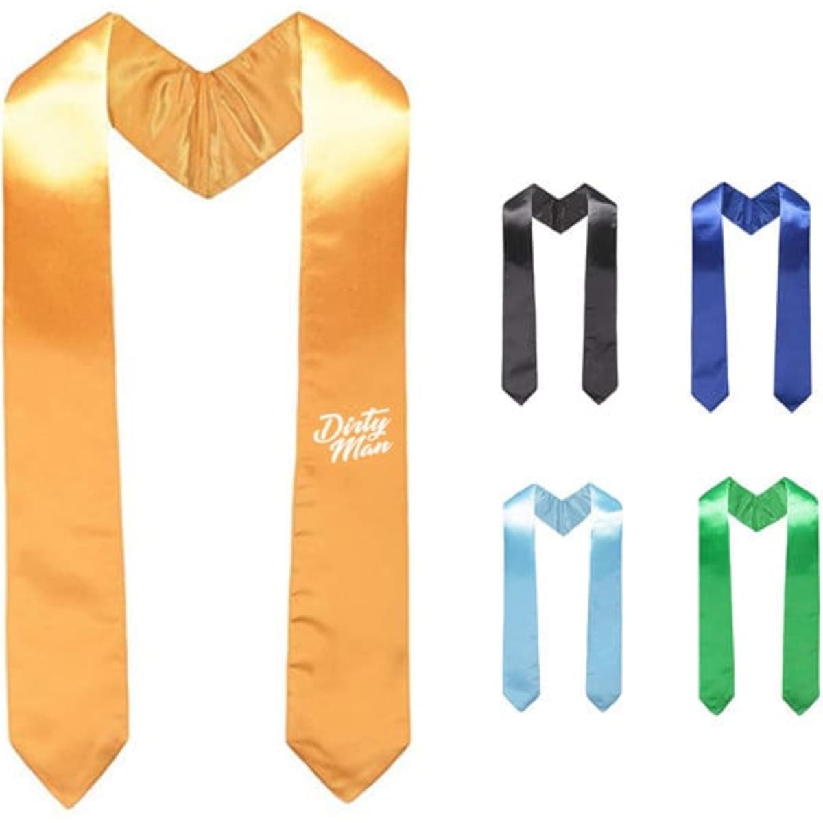 A custom satin stole in orange, with variations in black, blue, light blue, and green. Includes a logo on the orange stole.