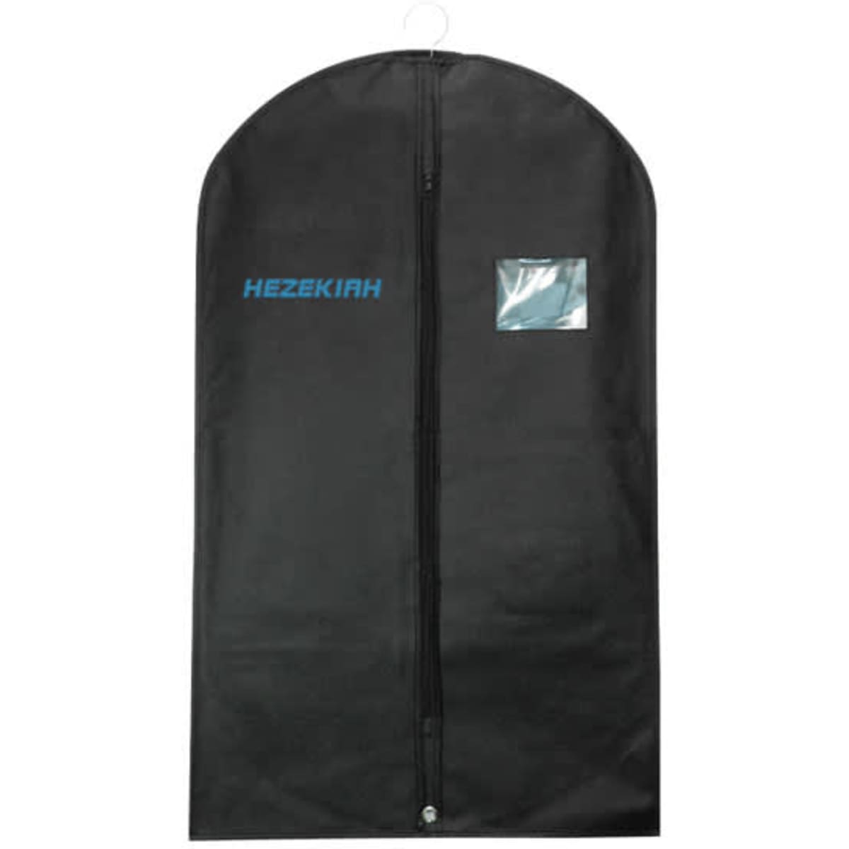A black non-woven garment bag with a zip closure and a clear identification window. Features a logo.