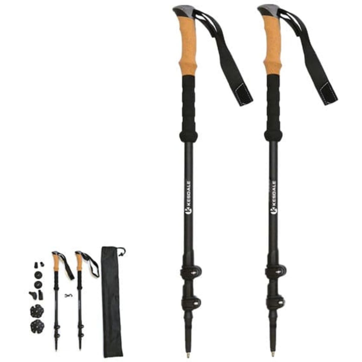 A pair of black trekking poles with cork handles and adjustable sections, accompanied by various attachments and a carrying bag.