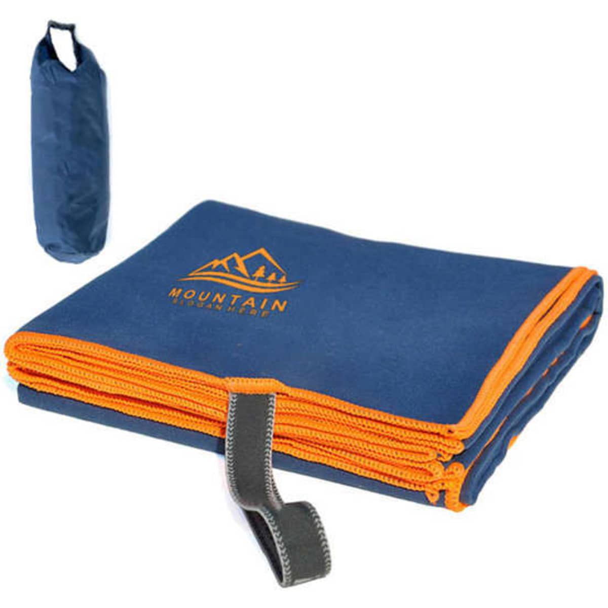A microfiber beach towel in blue with orange trim and a matching carry pouch. Features a logo.