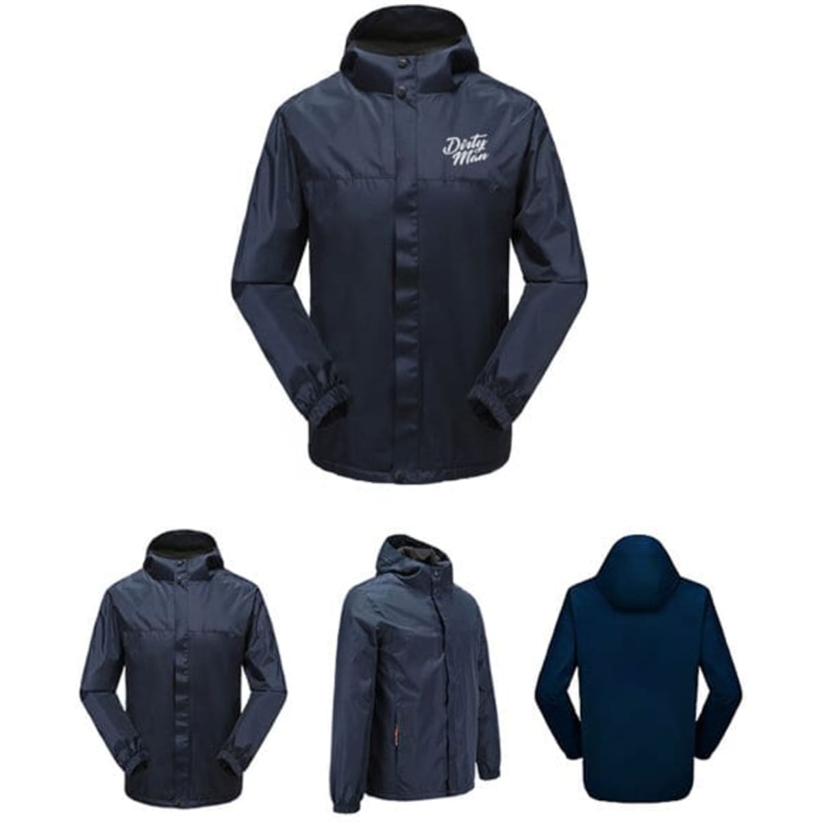 A navy blue customized windproof waterproof jacket featuring a hood and a logo on the front.