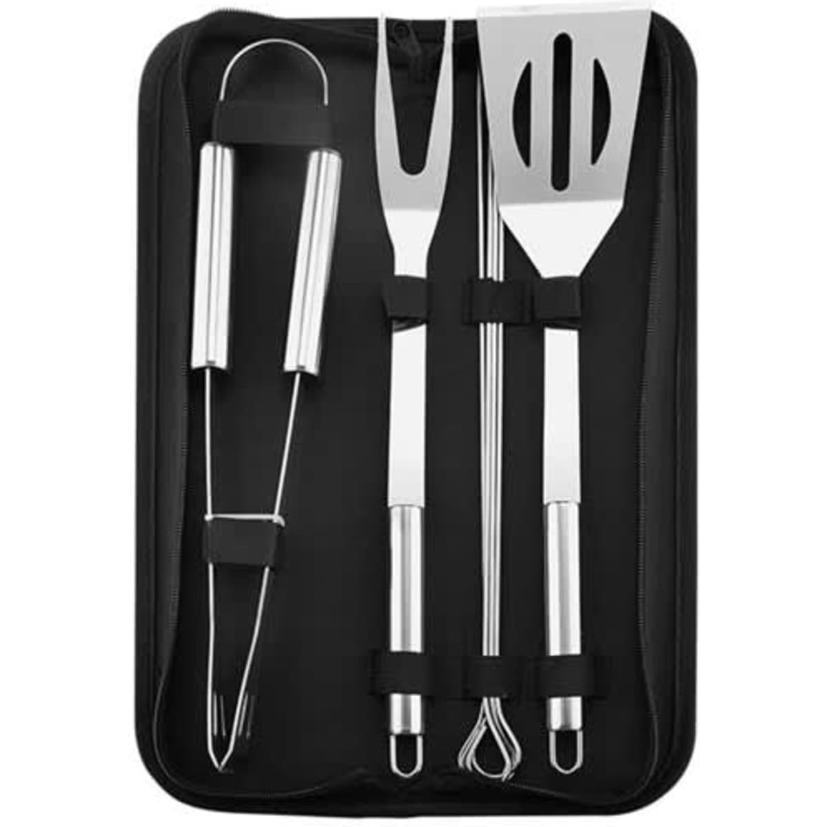A stainless steel BBQ tool set with a carry bag, featuring tongs, a fork, and a spatula.