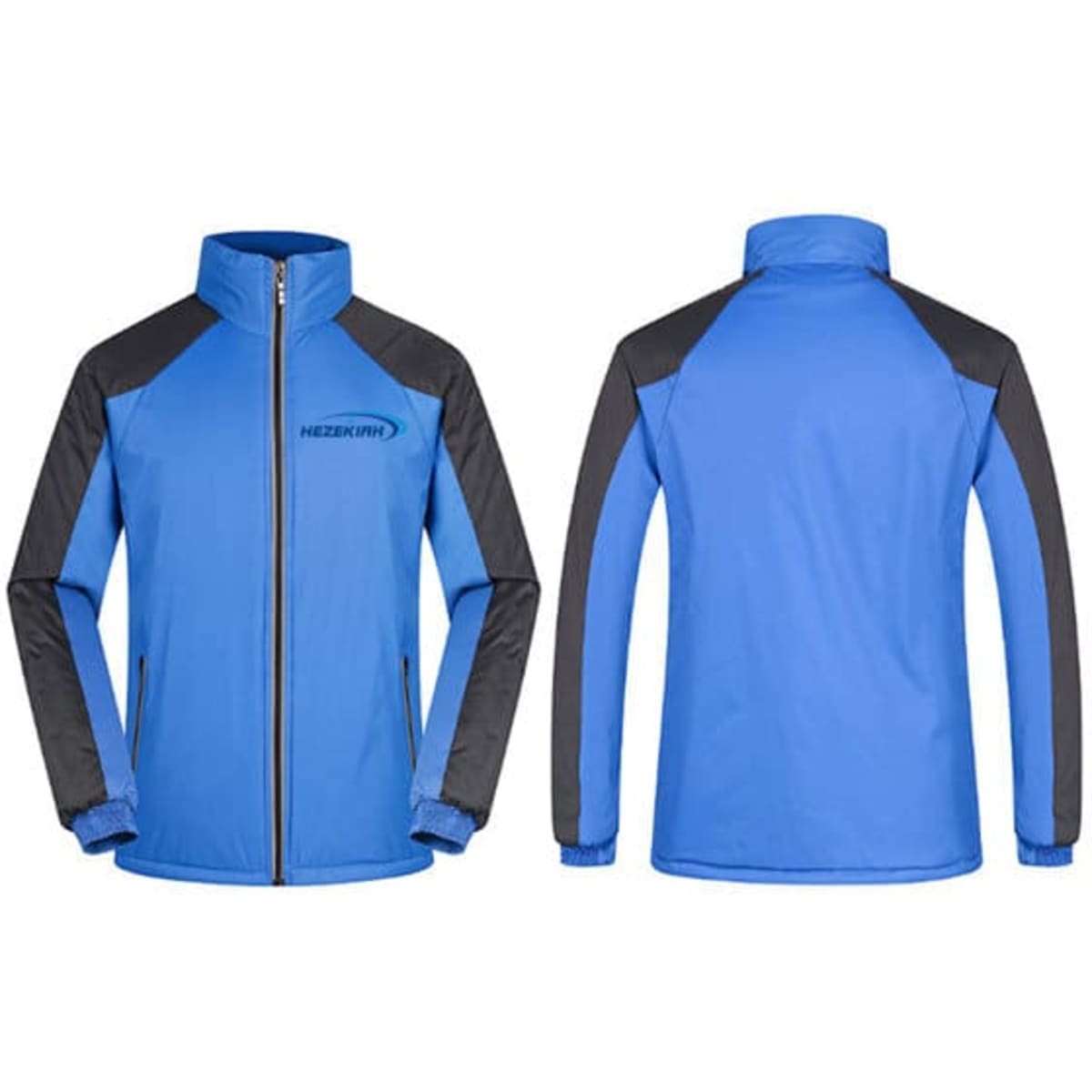A blue and grey customizable unisex windproof and waterproof jacket with a logo on the front.