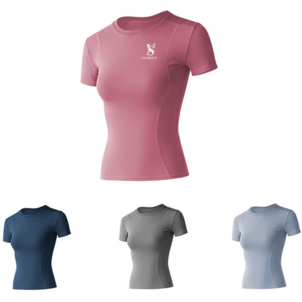 A women's slim crewneck yoga short sleeve shirt in pink, with options in navy, grey, and light blue, featuring a logo.
