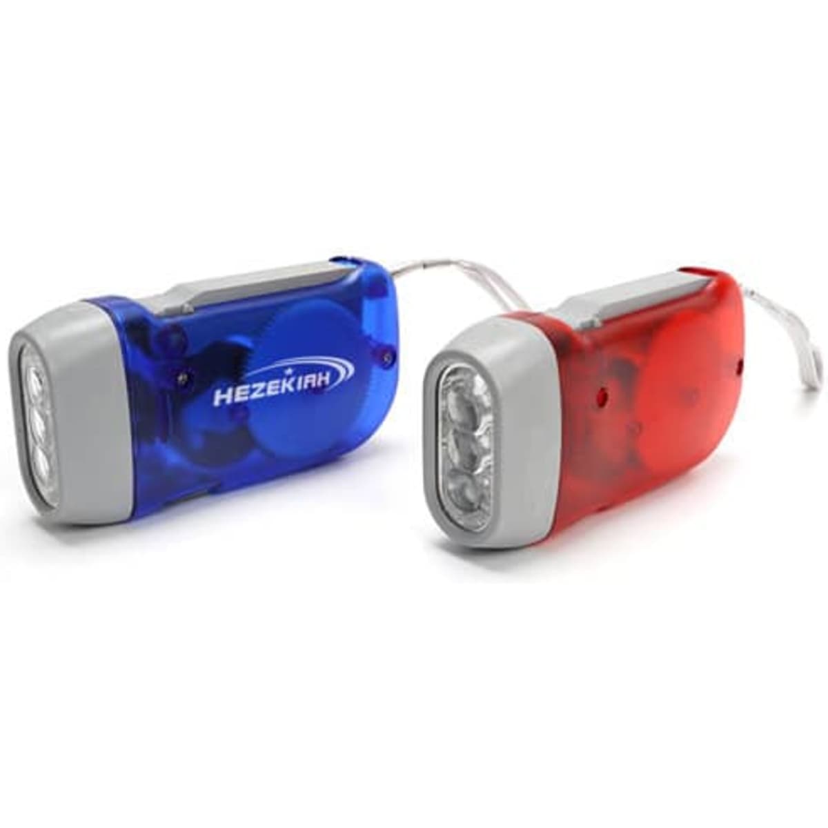 A red and blue LED flashlight with a grey handle, featuring multiple light bulbs and a logo.