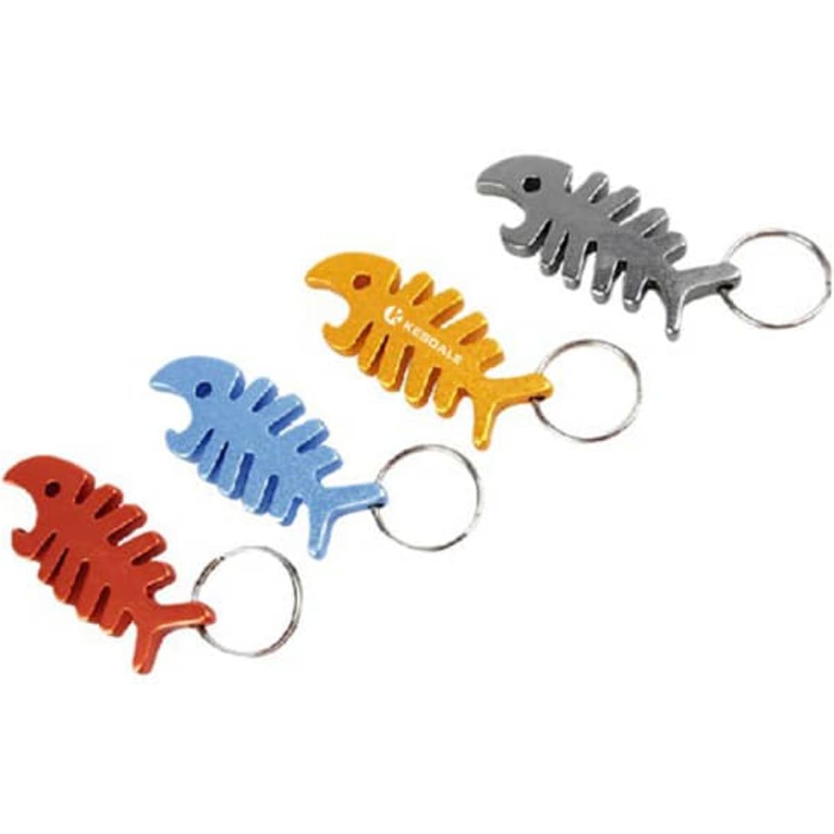 A drink bottle opener keychain set featuring four fishbone designs in red, blue, orange, and grey. Each includes a keyring.