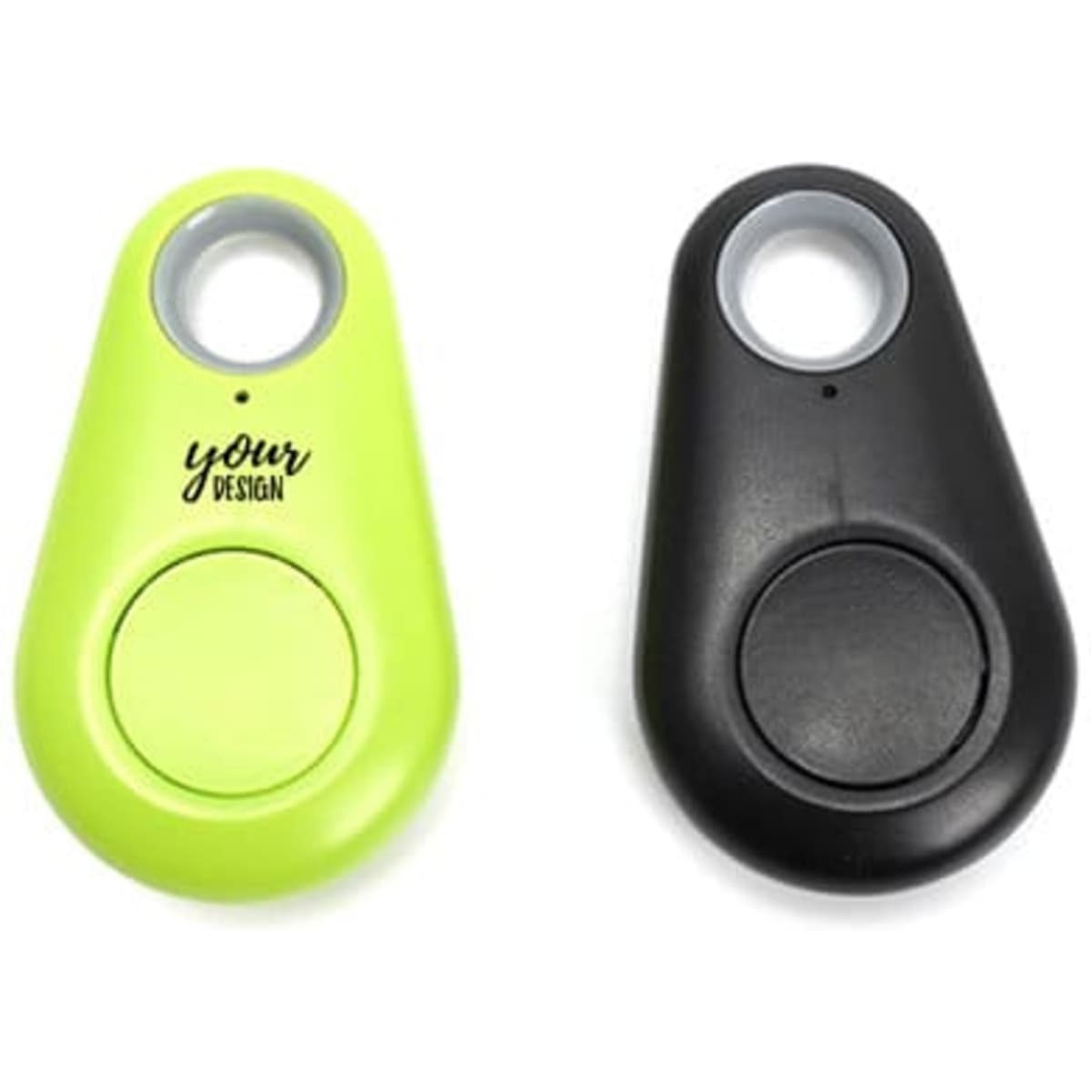A green and black water drop-shaped anti-lost device with a circular button and a logo on the green version.