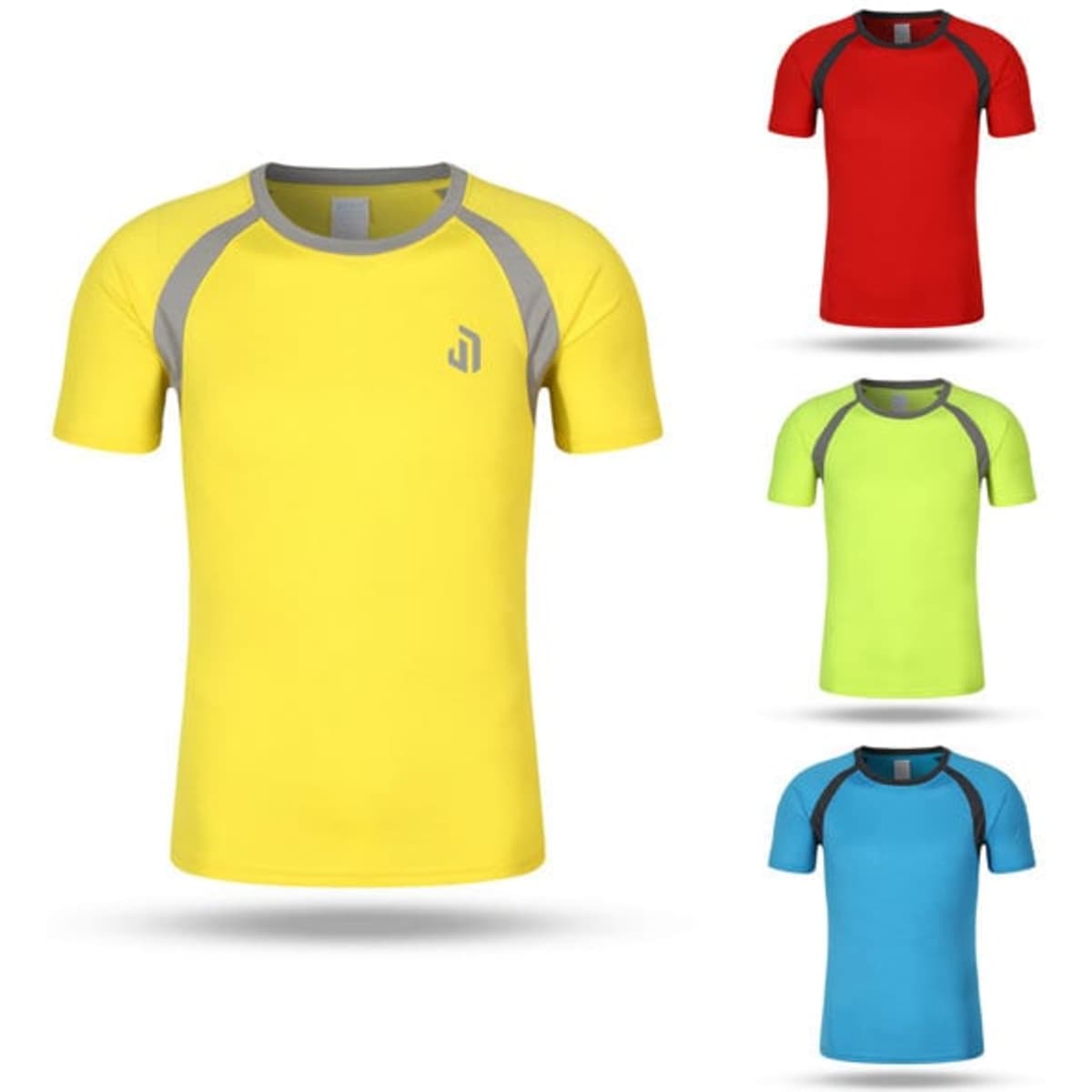 A collection of men's sport quick dry T-shirts in yellow, red, lime green, and blue, featuring contrasting shoulder details and a logo.