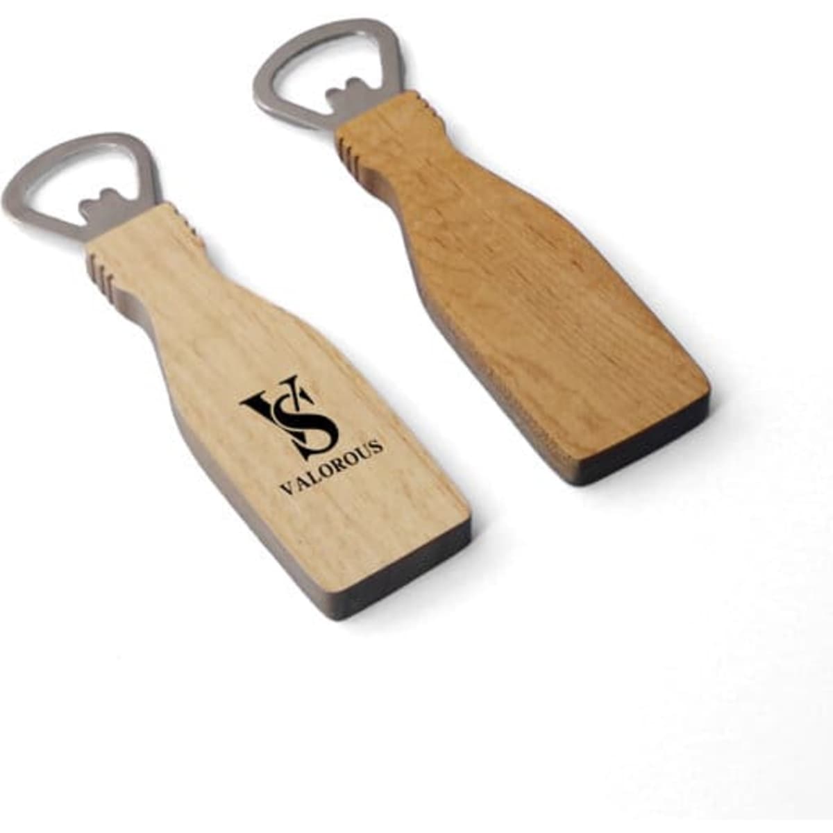 A drink bottle opener with a wooden handle and metal cap lifter, featuring a logo on one side.