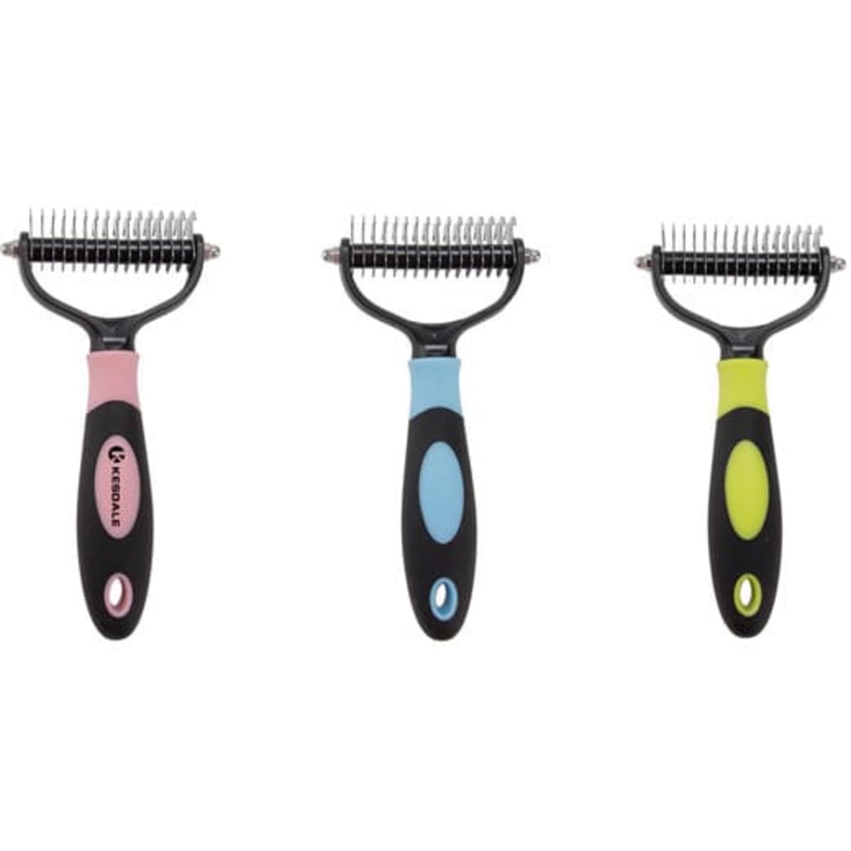 Three pet grooming tools for tangles removal, featuring black handles with pink, blue, and green accents.