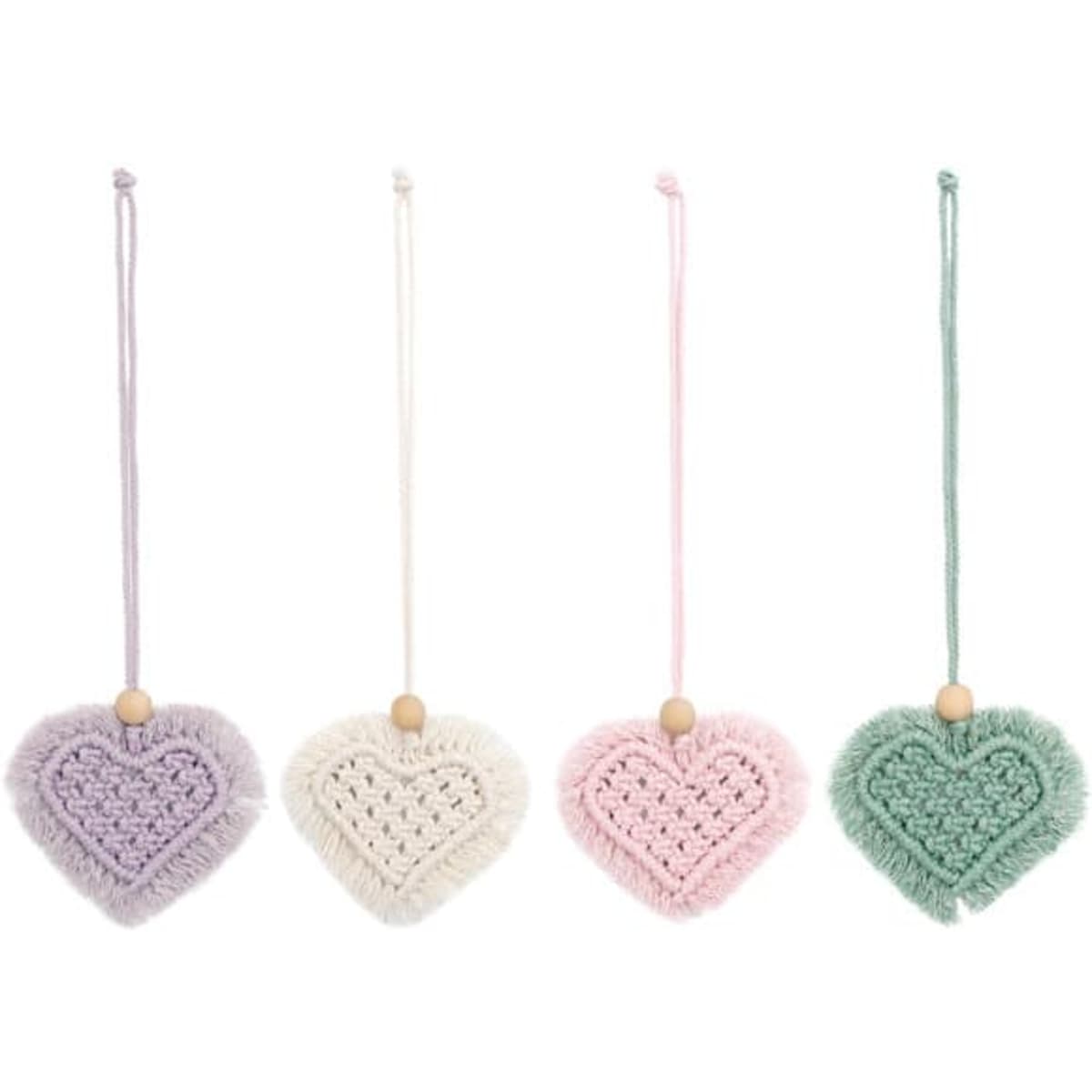 A set of four heart-shaped hanging ornaments in lavender, cream, pink, and mint green, featuring a textured design.