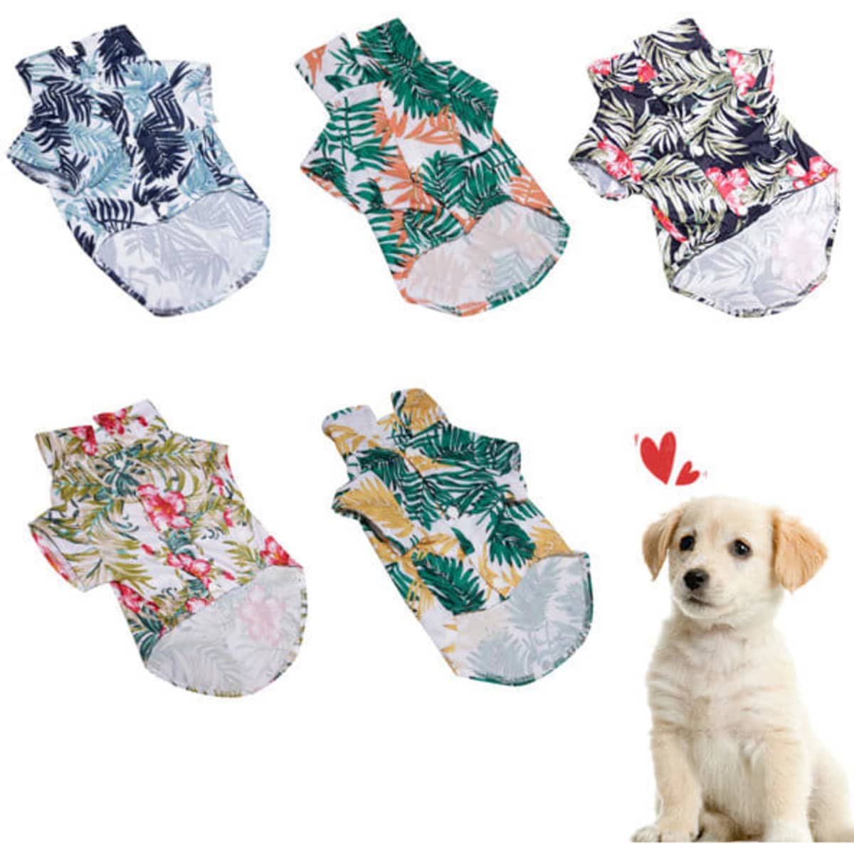 A collection of floral-patterned dog t-shirts in various bright colours featuring a small puppy beside them.