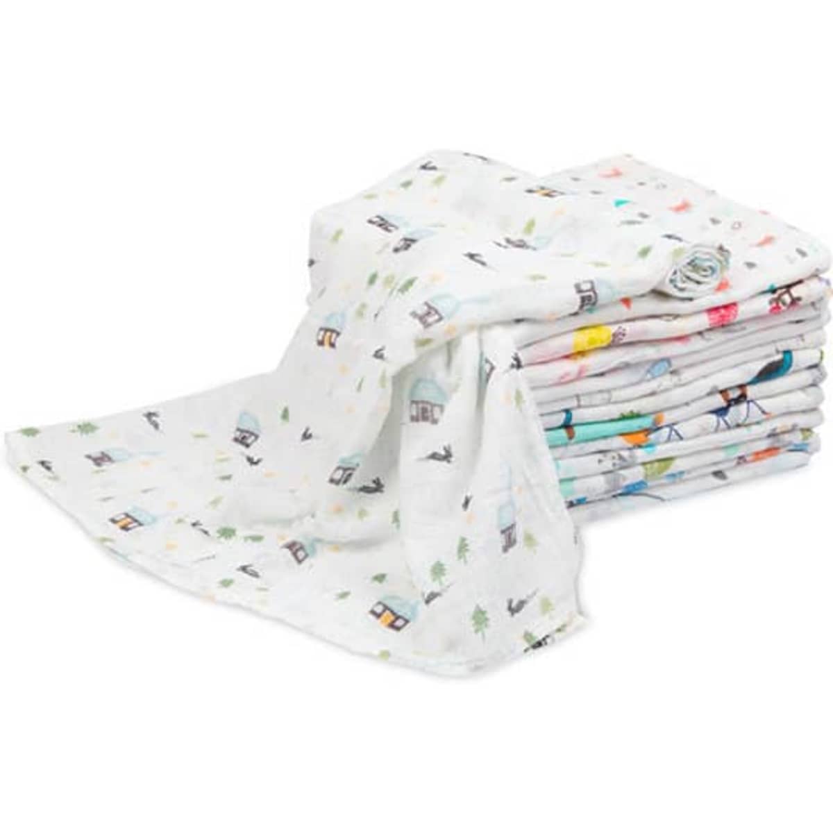 A stack of cotton muslin baby swaddle blankets featuring colourful patterns on a white background.
