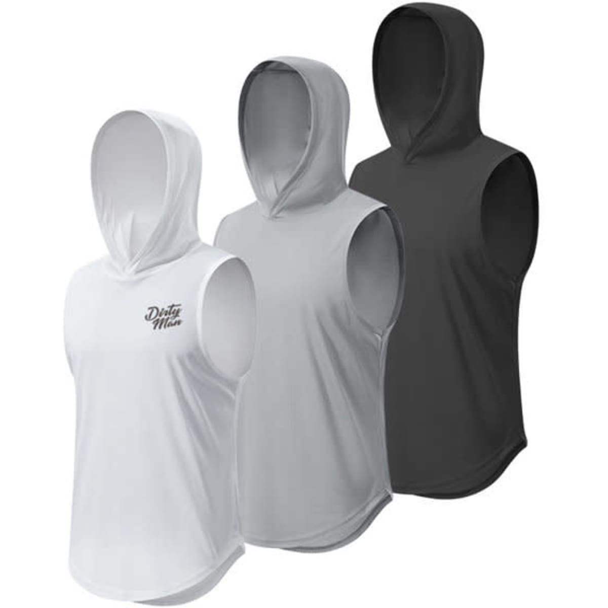 A set of three men's sleeveless gym hoodies in white, grey, and black, featuring hoods and a small logo on one.
