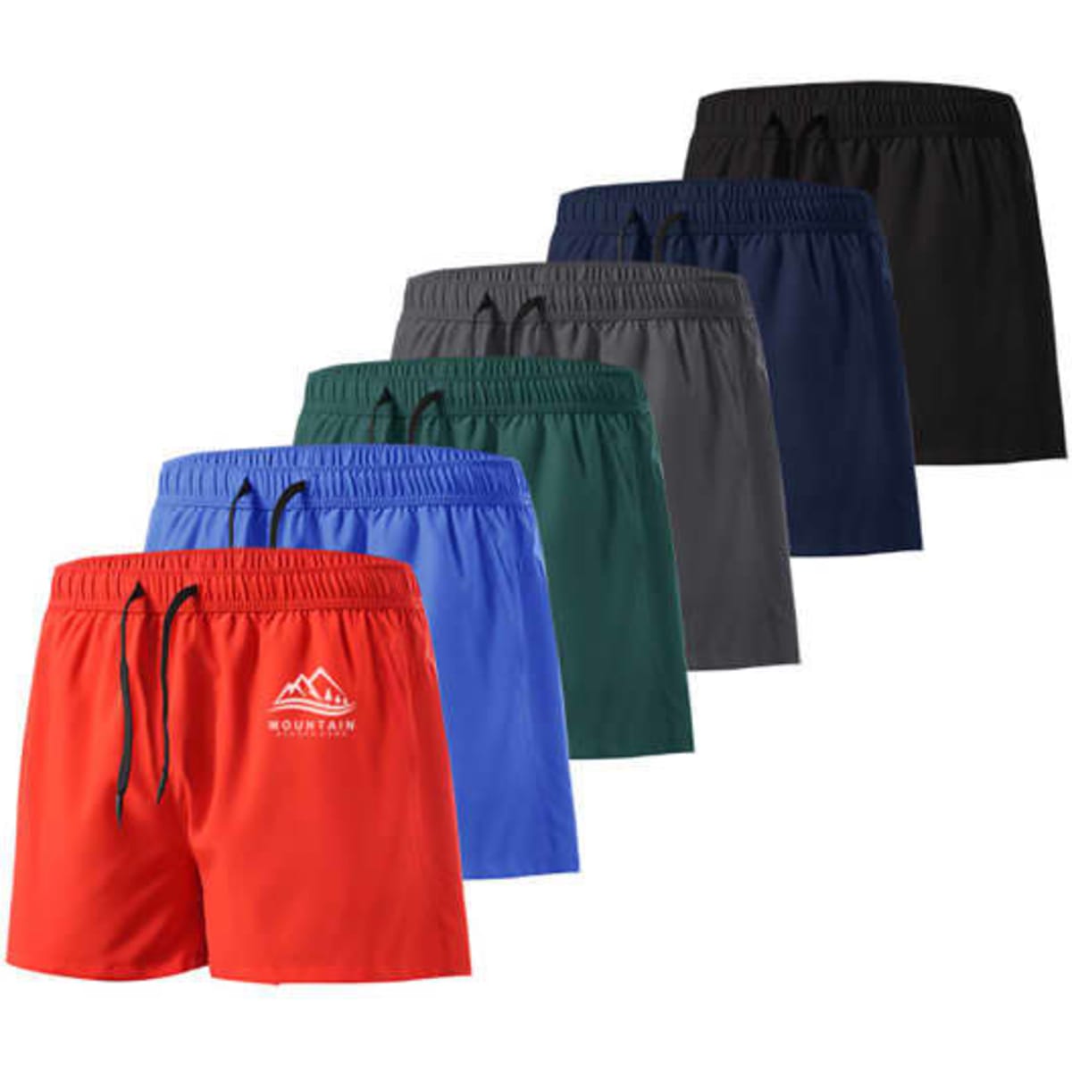 Mens gym training shorts in red, blue, green, black, grey, and navy, featuring an logo on the front.