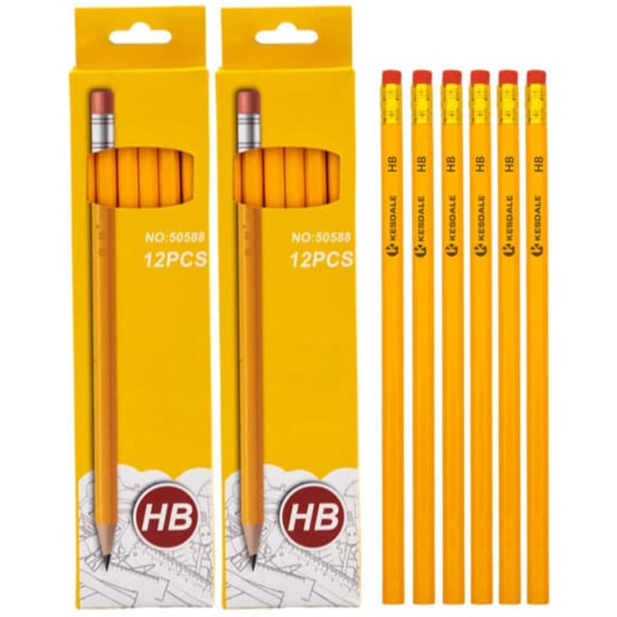 Twelve personalised HB pencils in yellow packaging with an eraser on top, featuring a logo.