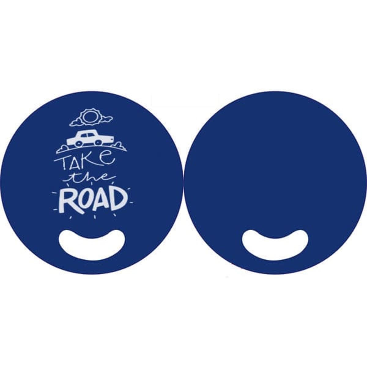 A circular blue hand fan featuring a design with a car and clouds, and a handle cut-out for easy grip.
