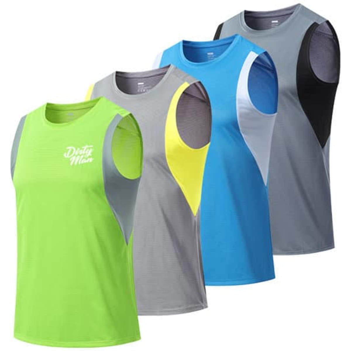 A collection of four men's quick dry sport sleeveless vests in green, grey, blue, and black with a logo.