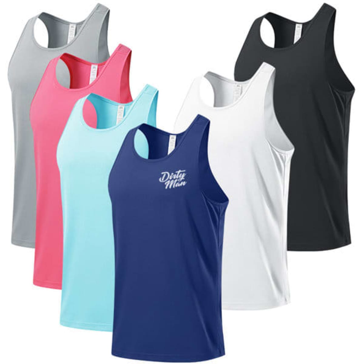 A selection of men's sleeveless breathable vests in grey, pink, light blue, white, and navy blue, featuring a logo.