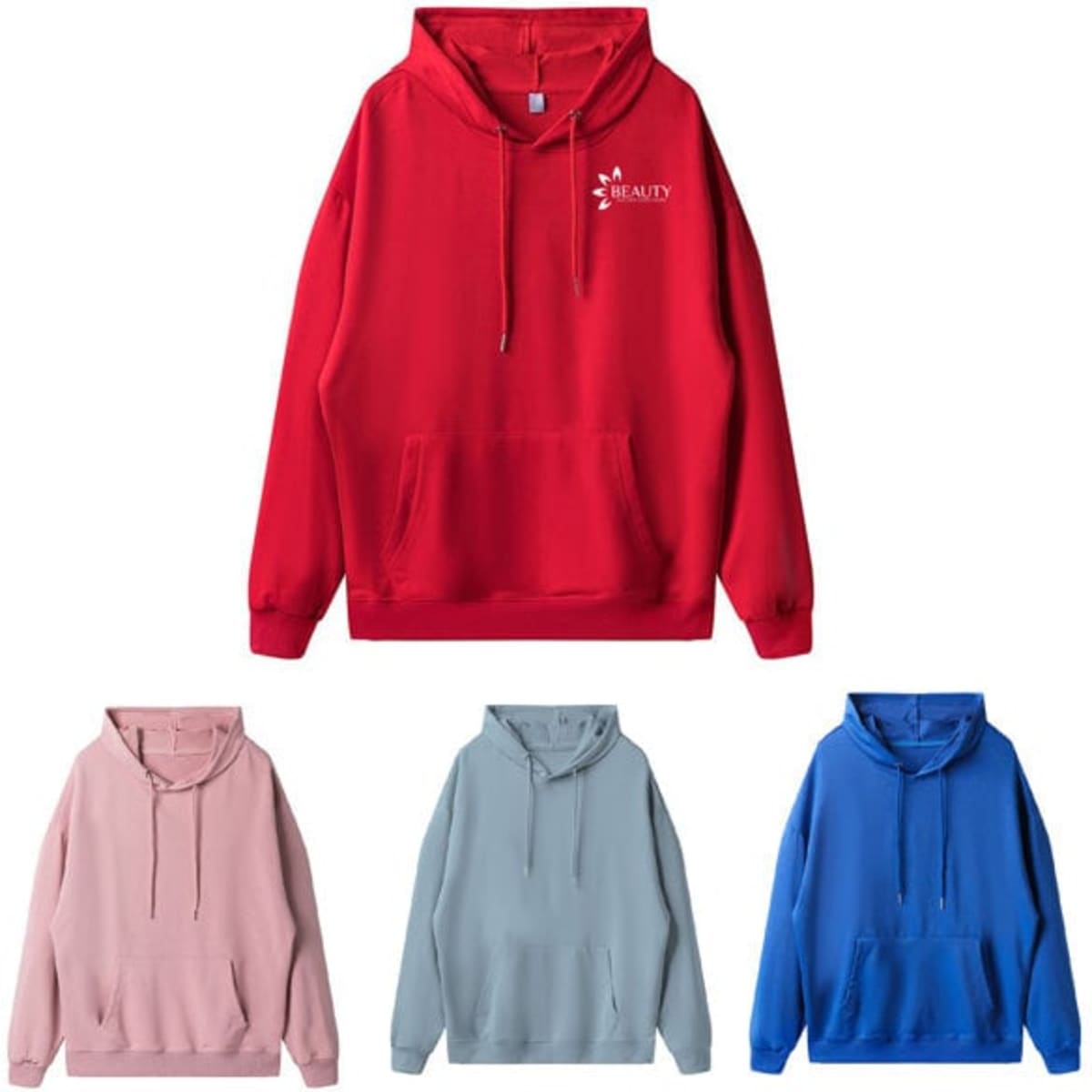 A red hooded sweatshirt with a front pocket and a logo, accompanied by pink, light blue, and blue versions.