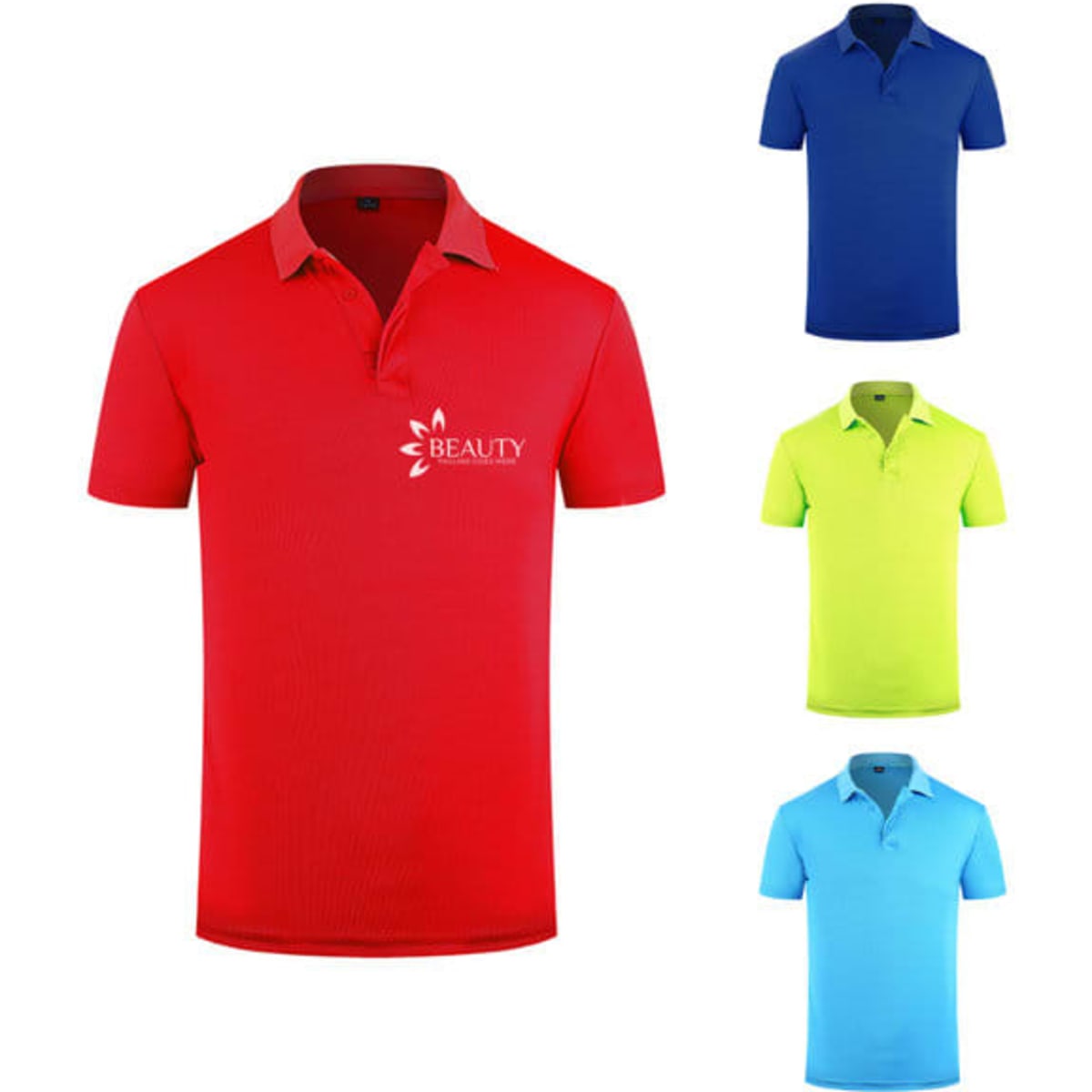 A collection of solid colour polo shirts in red, blue, green, and light blue, featuring a logo on the red shirt.