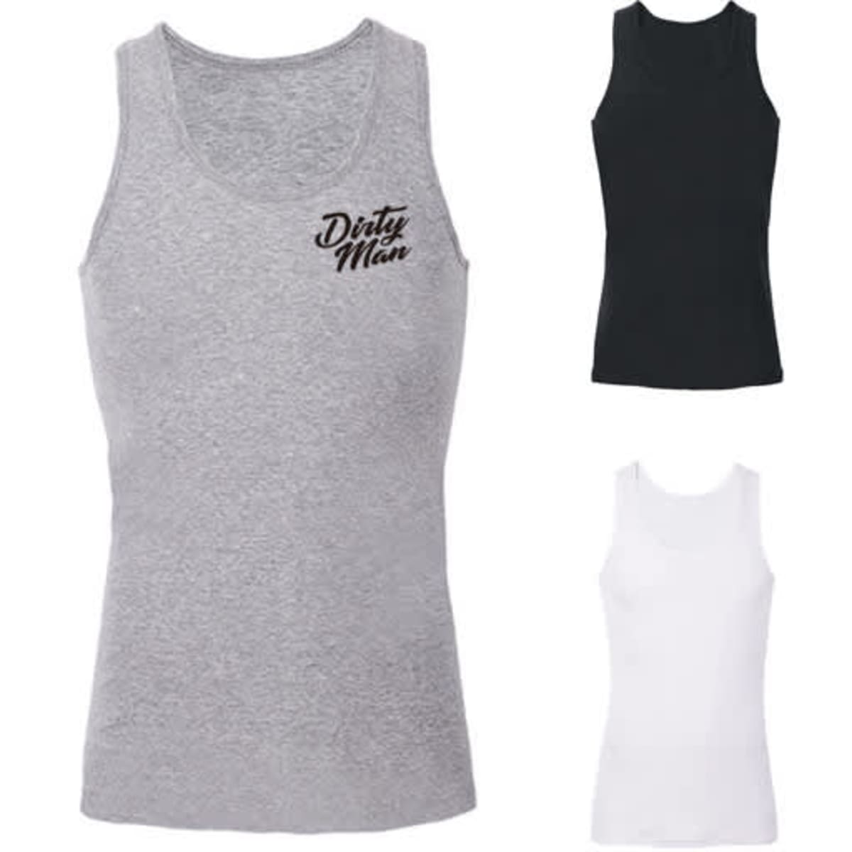 A grey, black, and white men's sports vest featuring a logo on the grey vest.