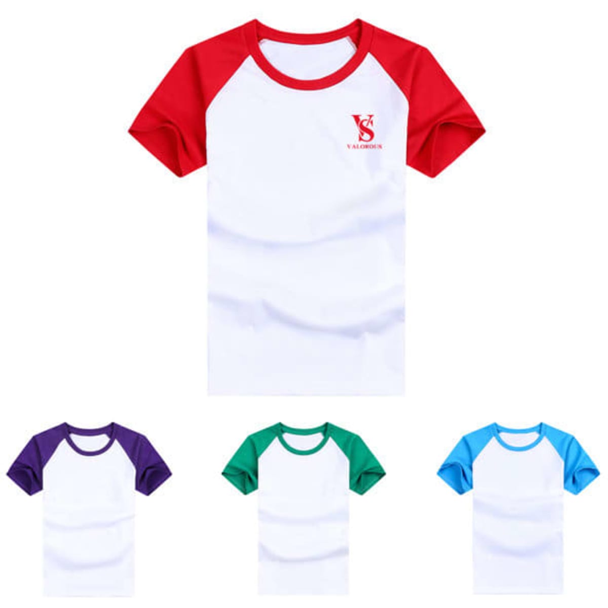 A kid's round neck T-shirt featuring a white body with red, purple, green, and blue colour block sleeves. It has a logo.