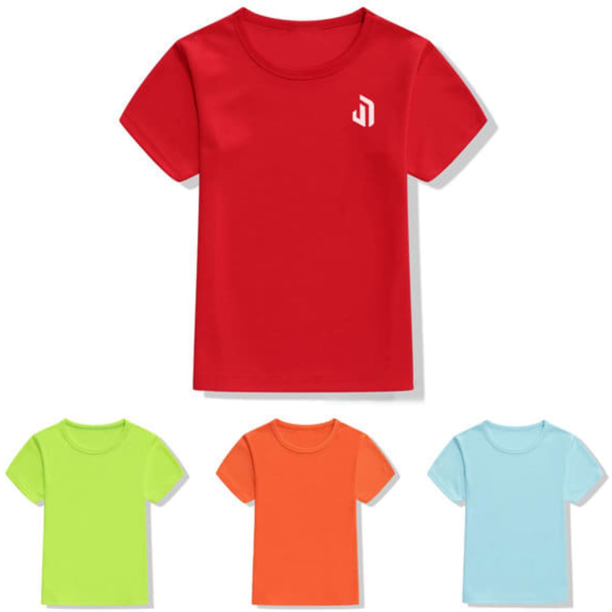 A red quick-dry T-shirt with a logo, accompanied by green, orange, and blue T-shirts.