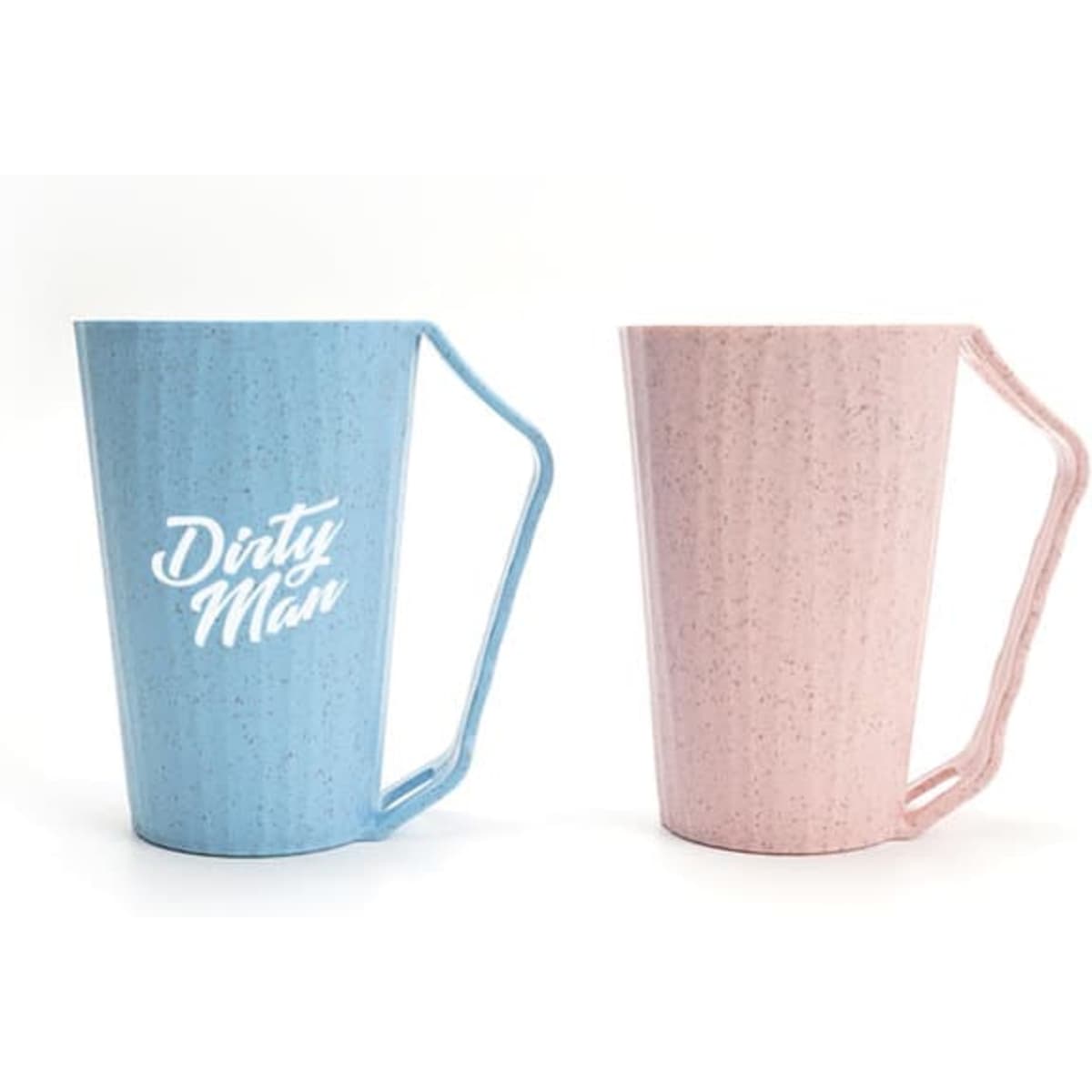 A blue and pink wheat fiber mouthwash cup with a slot handle, featuring a logo on the blue cup.